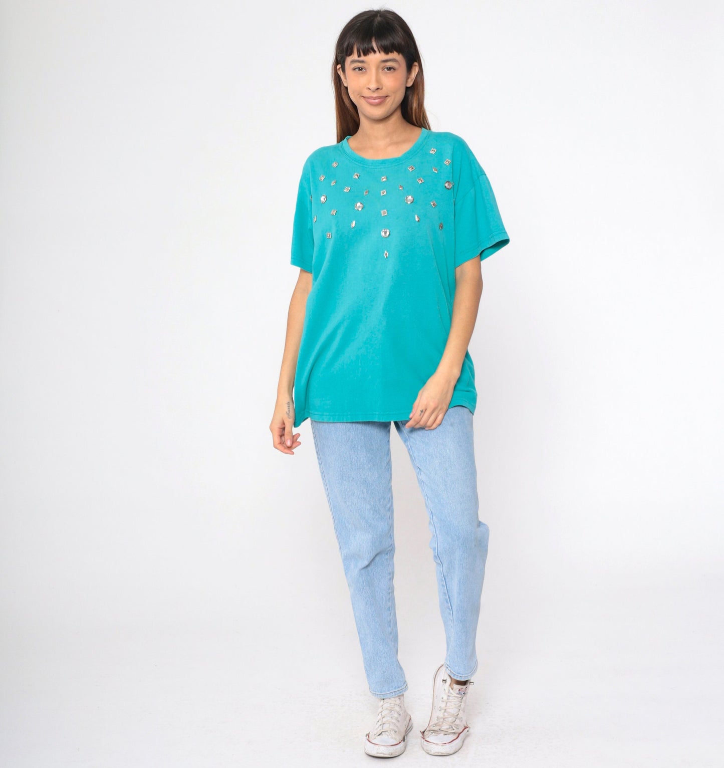 90s Turquoise Studded T-Shirt Silver Rhinestone Embellished Cotton Large L