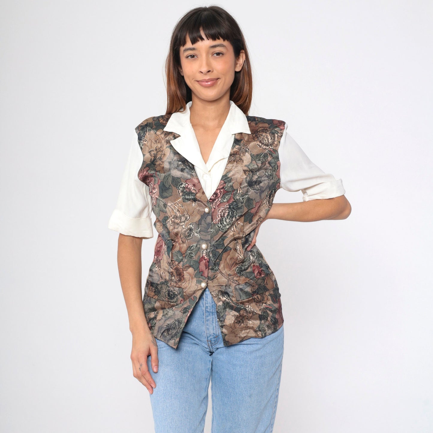 90s Victoria Ashley Floral Vest Blouse White Button Up Short Sleeve Small