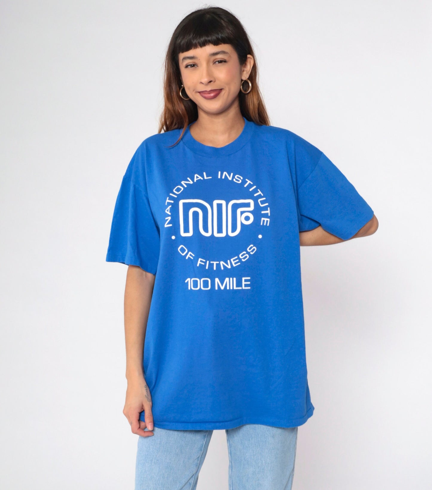 90s National Institute of Fitness 100 Mile Graphic T-Shirt Blue Extra Large XXL