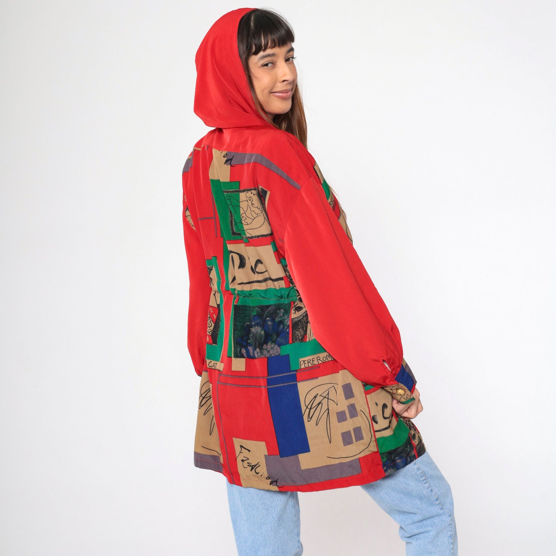 90s Picasso Barcelona Art Hooded Jacket Red Button-Up Drawstring Waist Large L