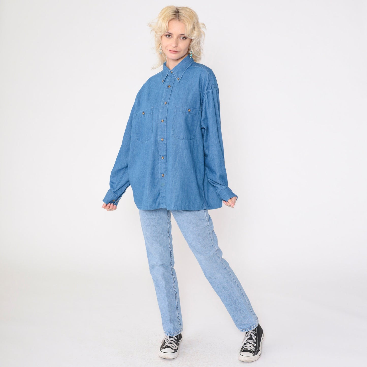 90s Club Room Blue Denim Button-Up Shirt Long Sleeve Cotton Men's 16 1/2