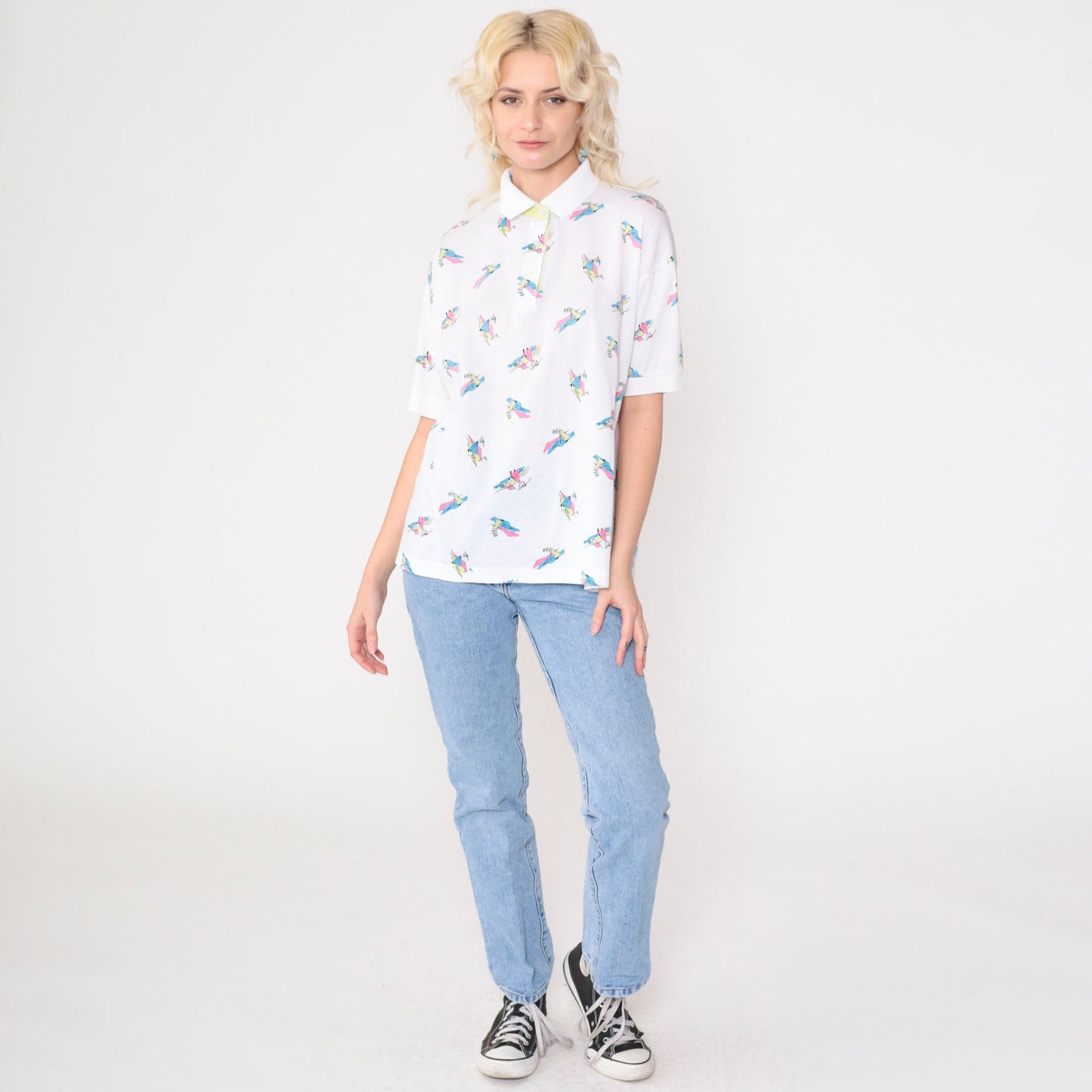 90s La Mode Women's Golf Polo Shirt White Graphic Collared Cotton Medium