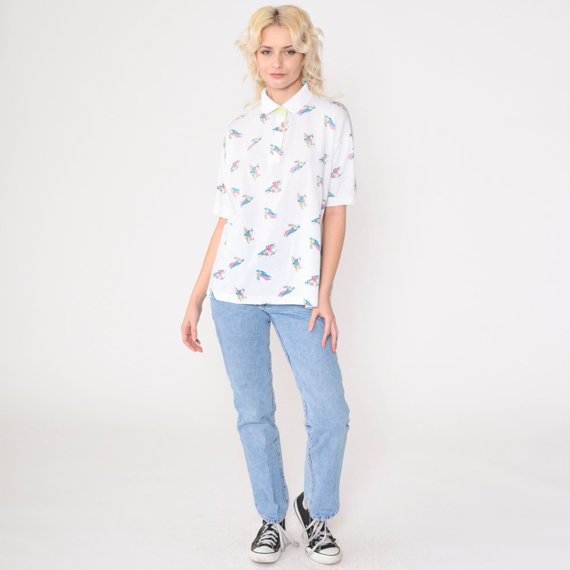 90s La Mode Women's Golf Polo Shirt White Graphic Collared Cotton Medium