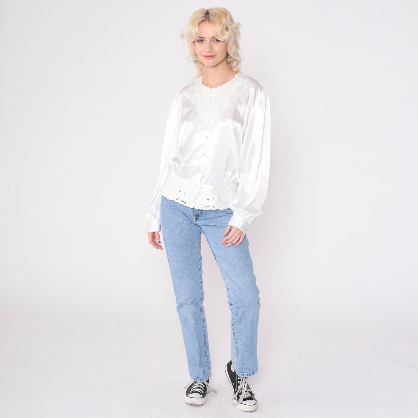 80s Westbound White Satin Blouse Paisley Beaded Sequin Puff Sleeve Large 14