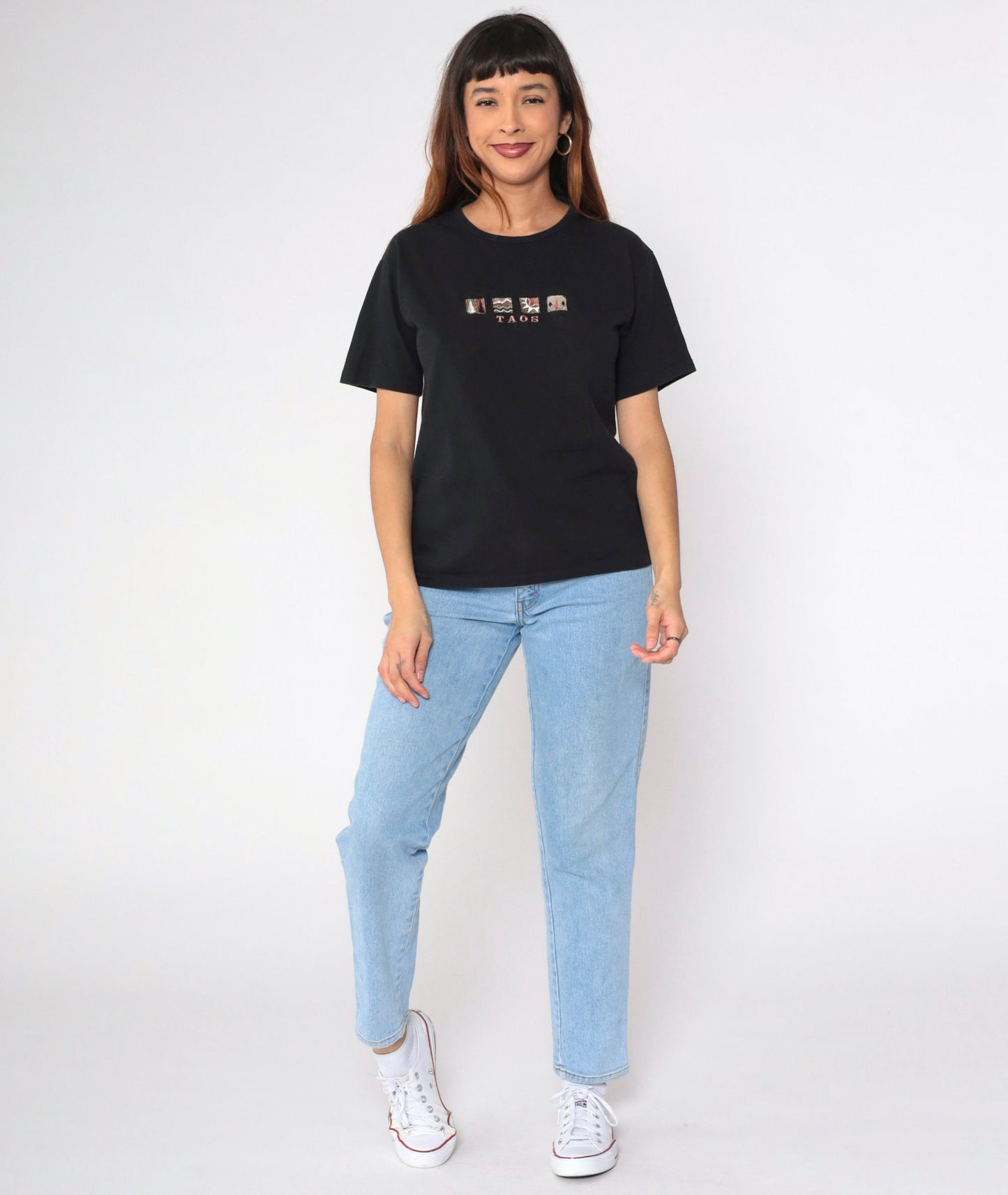 90s Taos New Mexico Graphic T-Shirt Black Embroidered Mountain Sun Medium