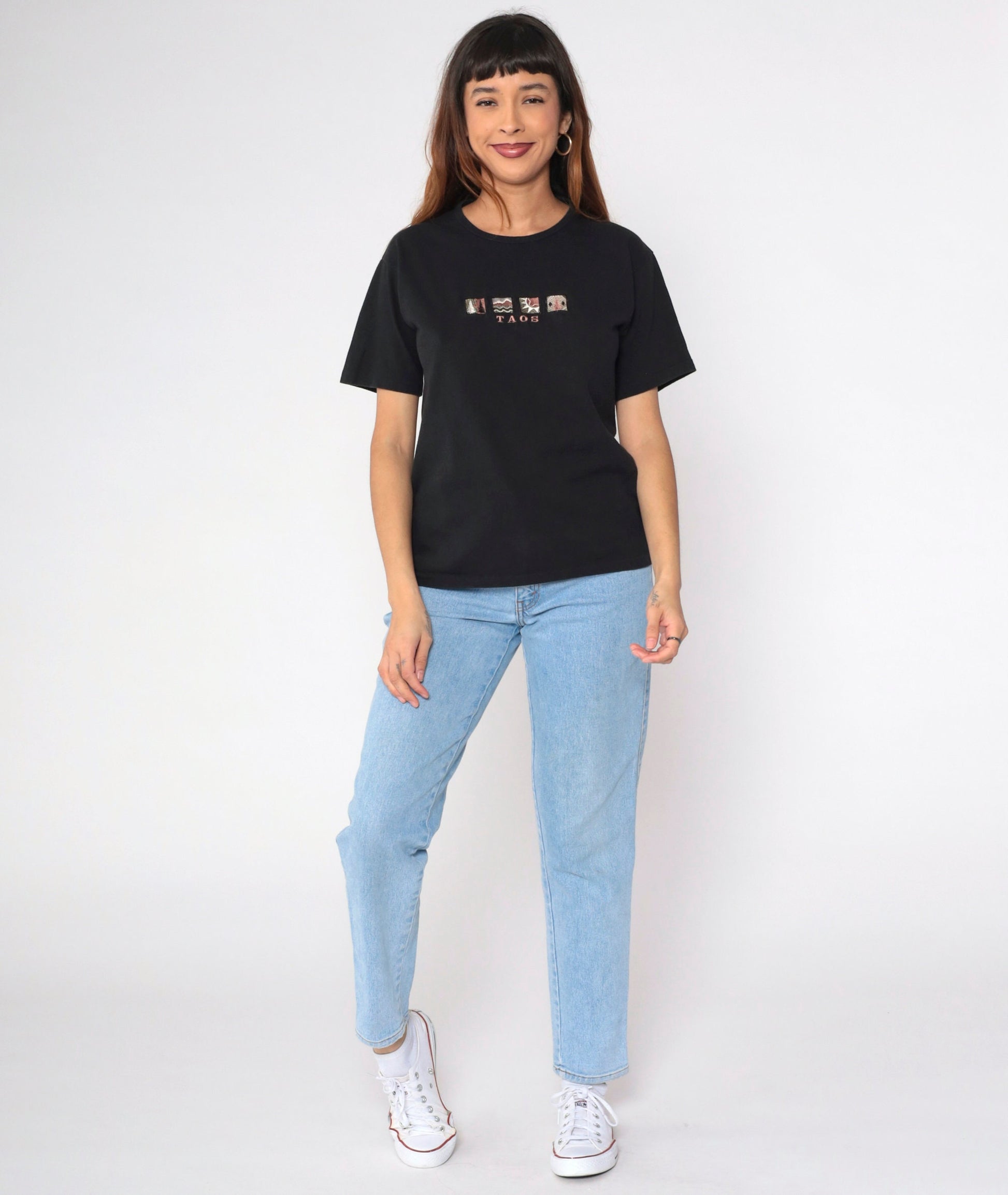 90s Taos New Mexico Graphic T-Shirt Black Embroidered Mountain Sun Medium