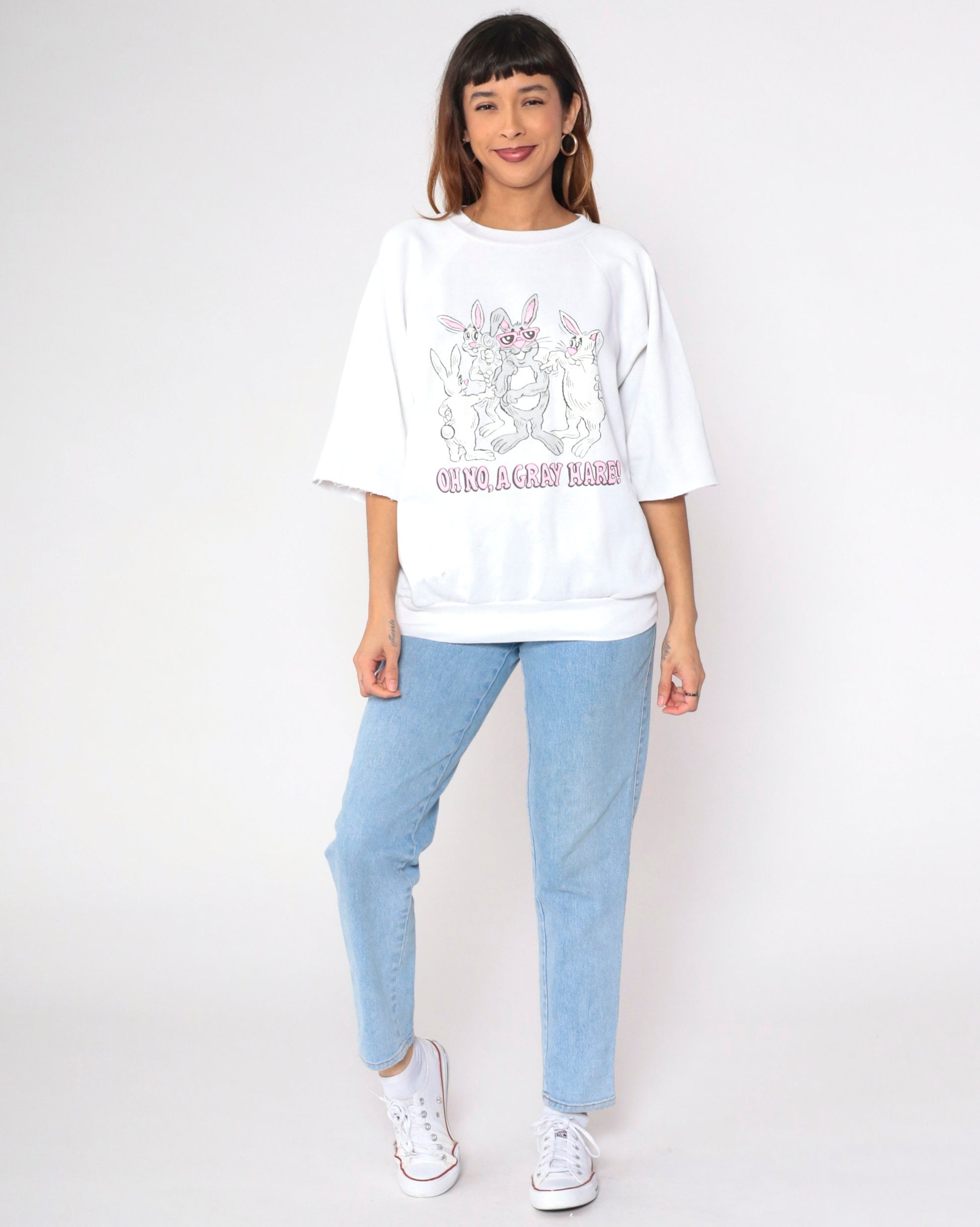 80s Rabbit Pun Sweatshirt Grey Hare Cartoon Bunny Graphic Cutoff Large