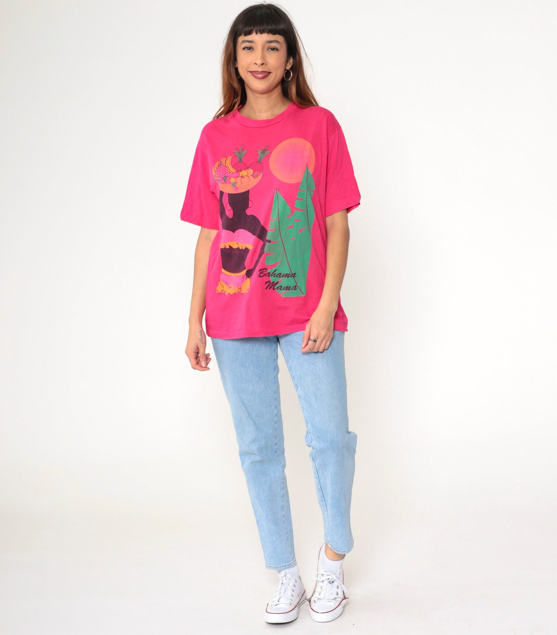 80s Bahama Mama Tropical Graphic T-Shirt Hot Pink Cotton Tee Medium