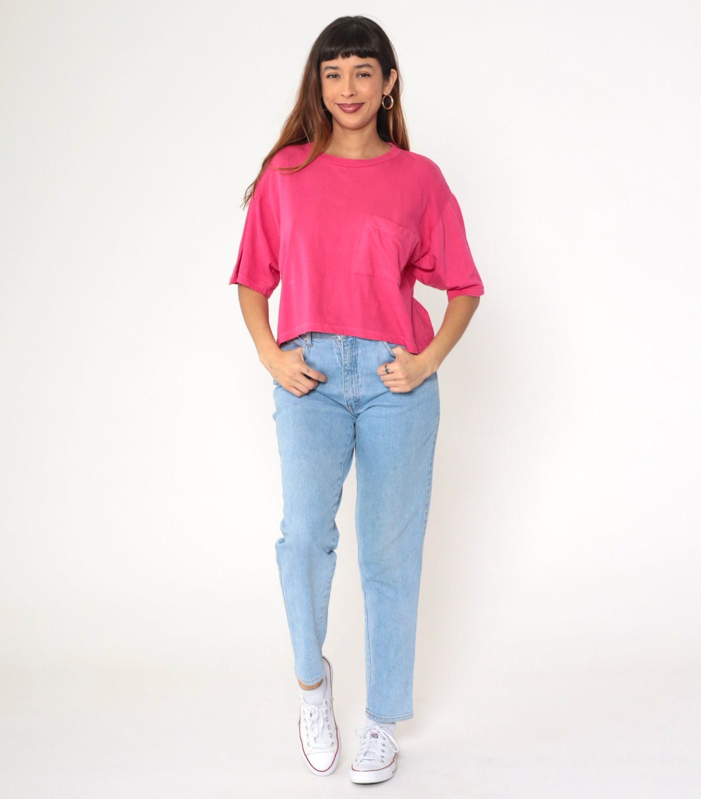 90s Energie Hot Pink Crop Top Cotton T-Shirt Pocket Tee Large L