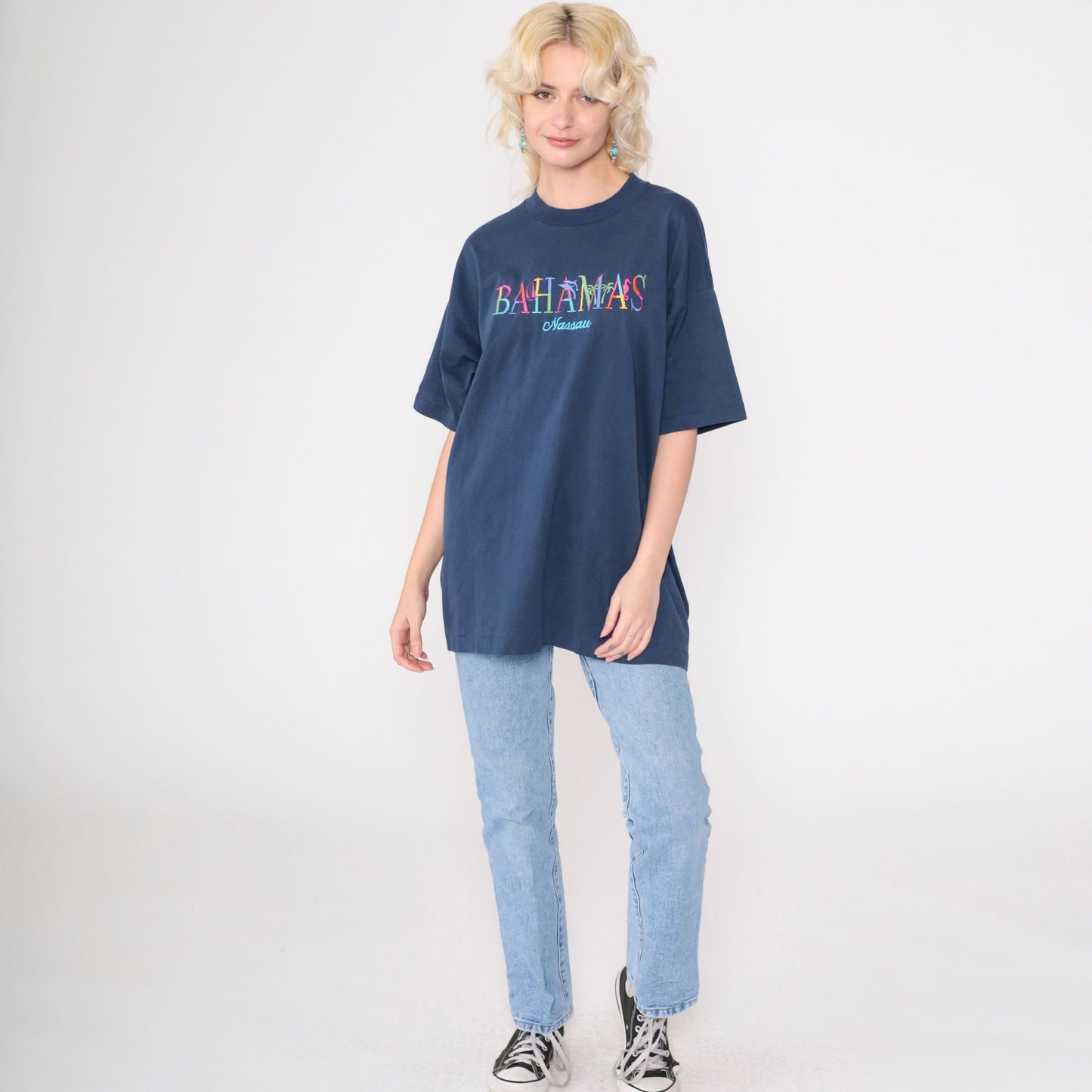 90s Nassau Bahamas Embroidered Graphic Tee Dolphin Palm Navy Extra Large