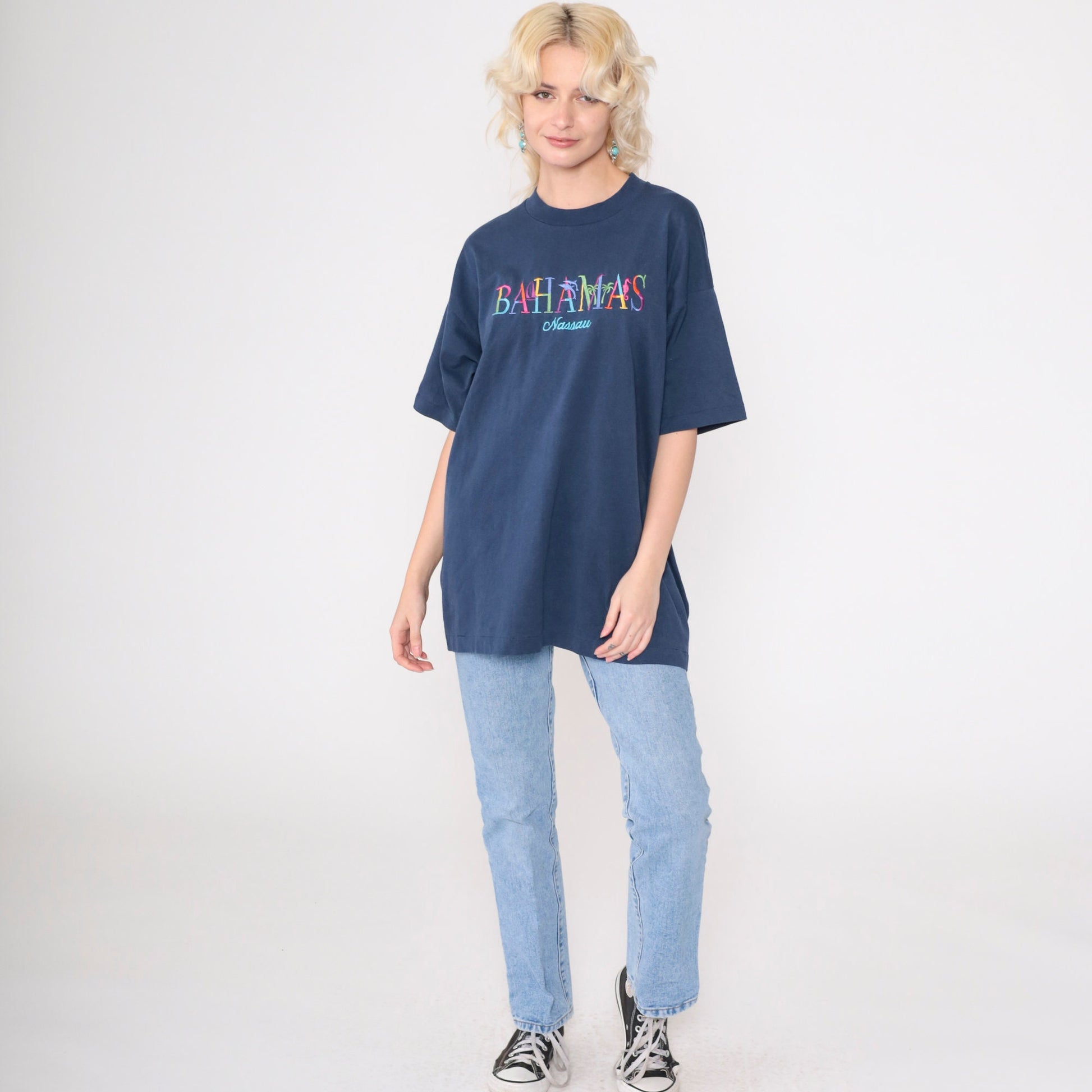 90s Nassau Bahamas Embroidered Graphic Tee Dolphin Palm Navy Extra Large