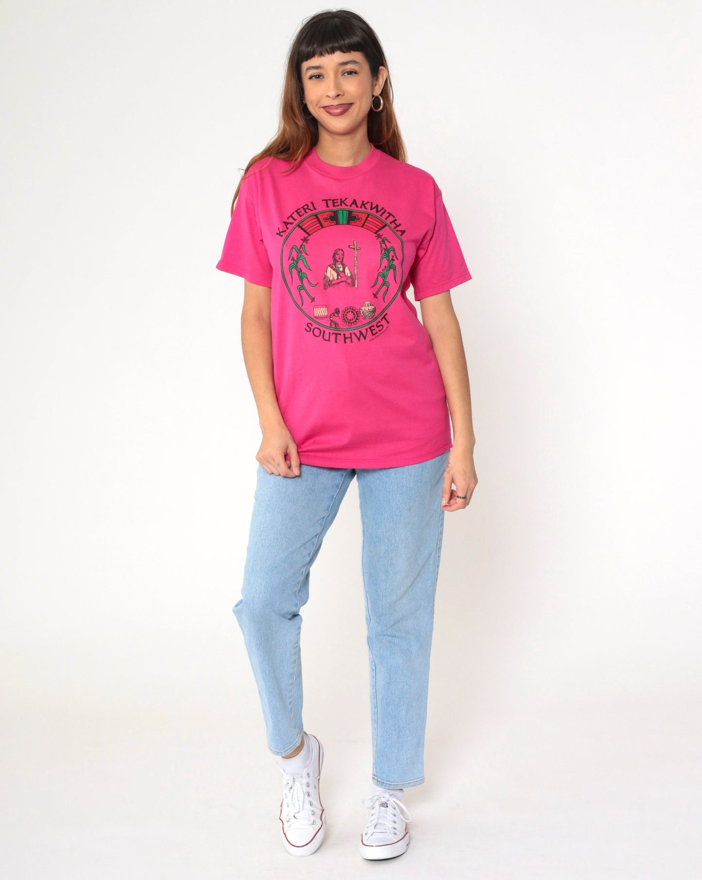 90s Kateri Tekakwitha Native American Saint Graphic T-Shirt Pink Small