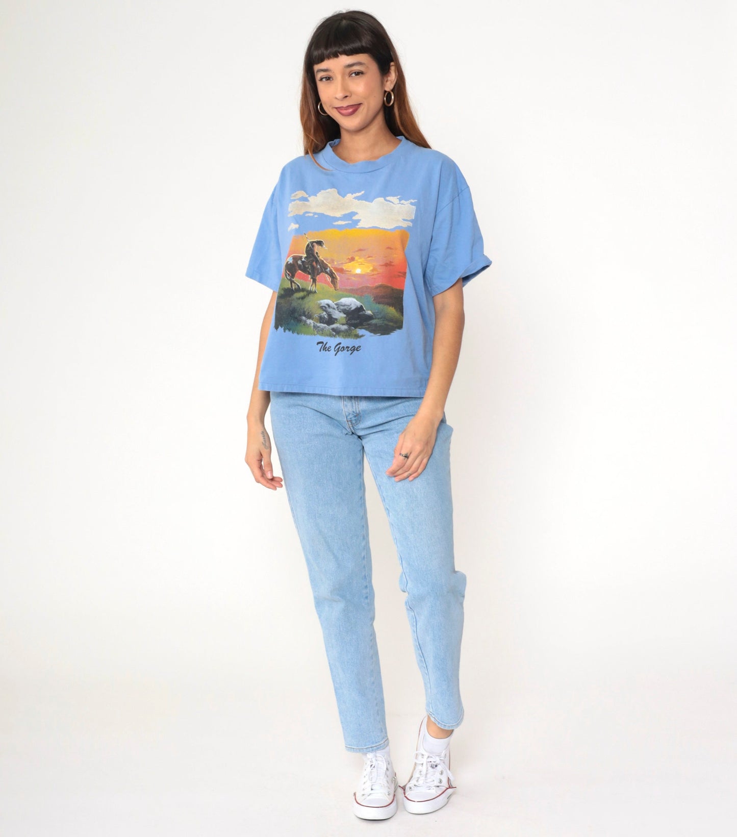 90s End of The Trail Native American Graphic T-Shirt Blue Large L