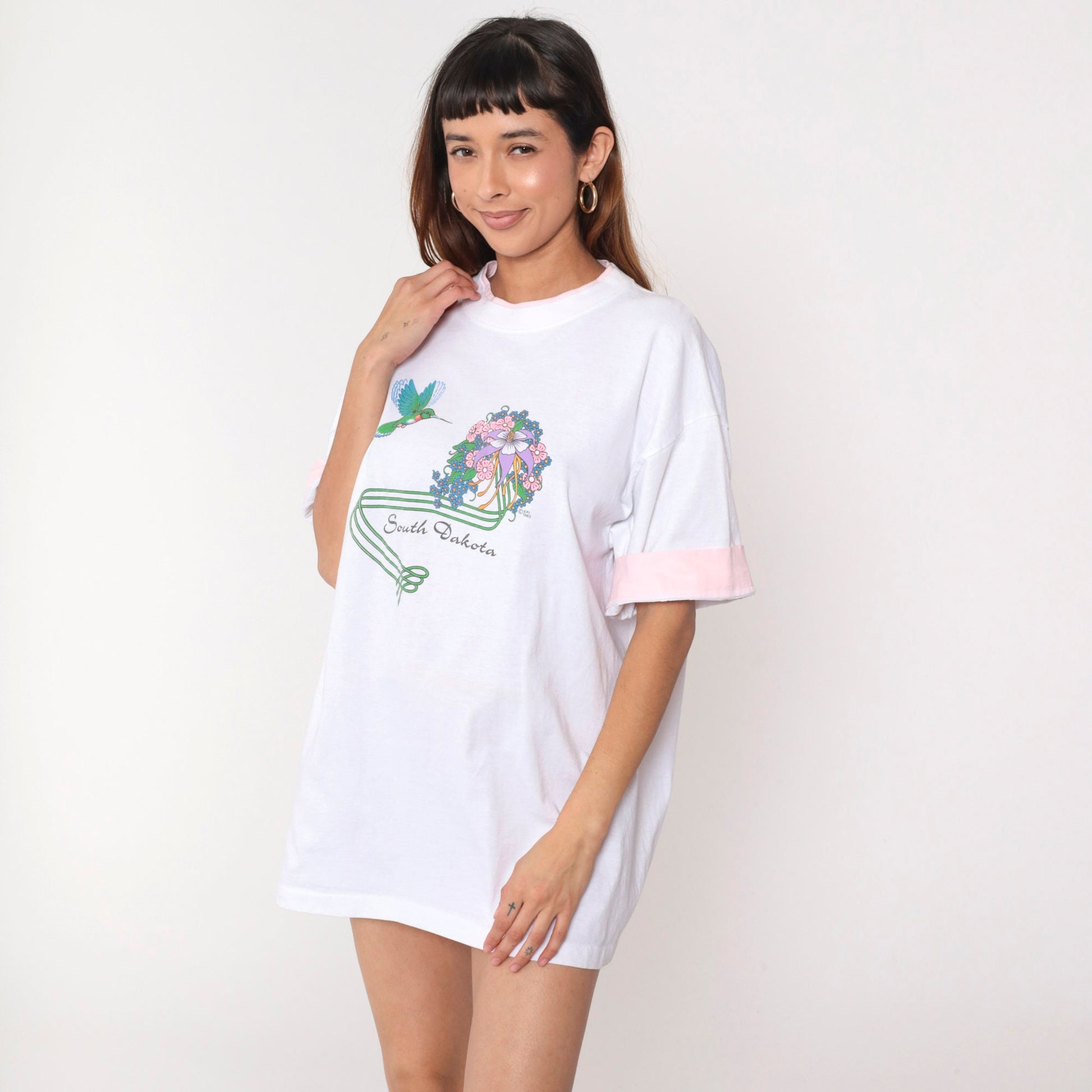 80s South Dakota Hummingbird Floral Graphic T-Shirt White Cotton Extra Large XL