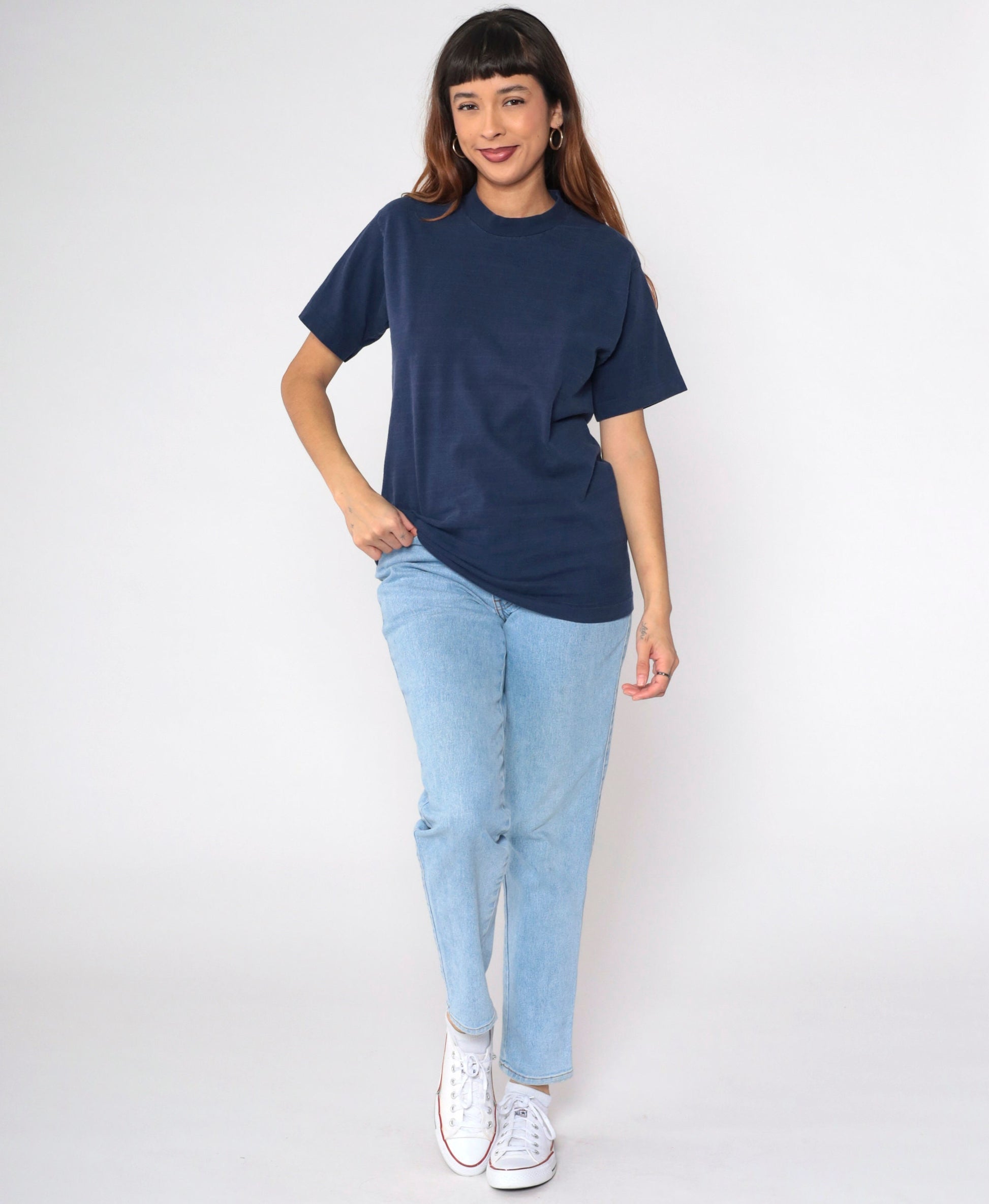 80s Navy Striped Single Stitch T-Shirt Plain Tee Medium