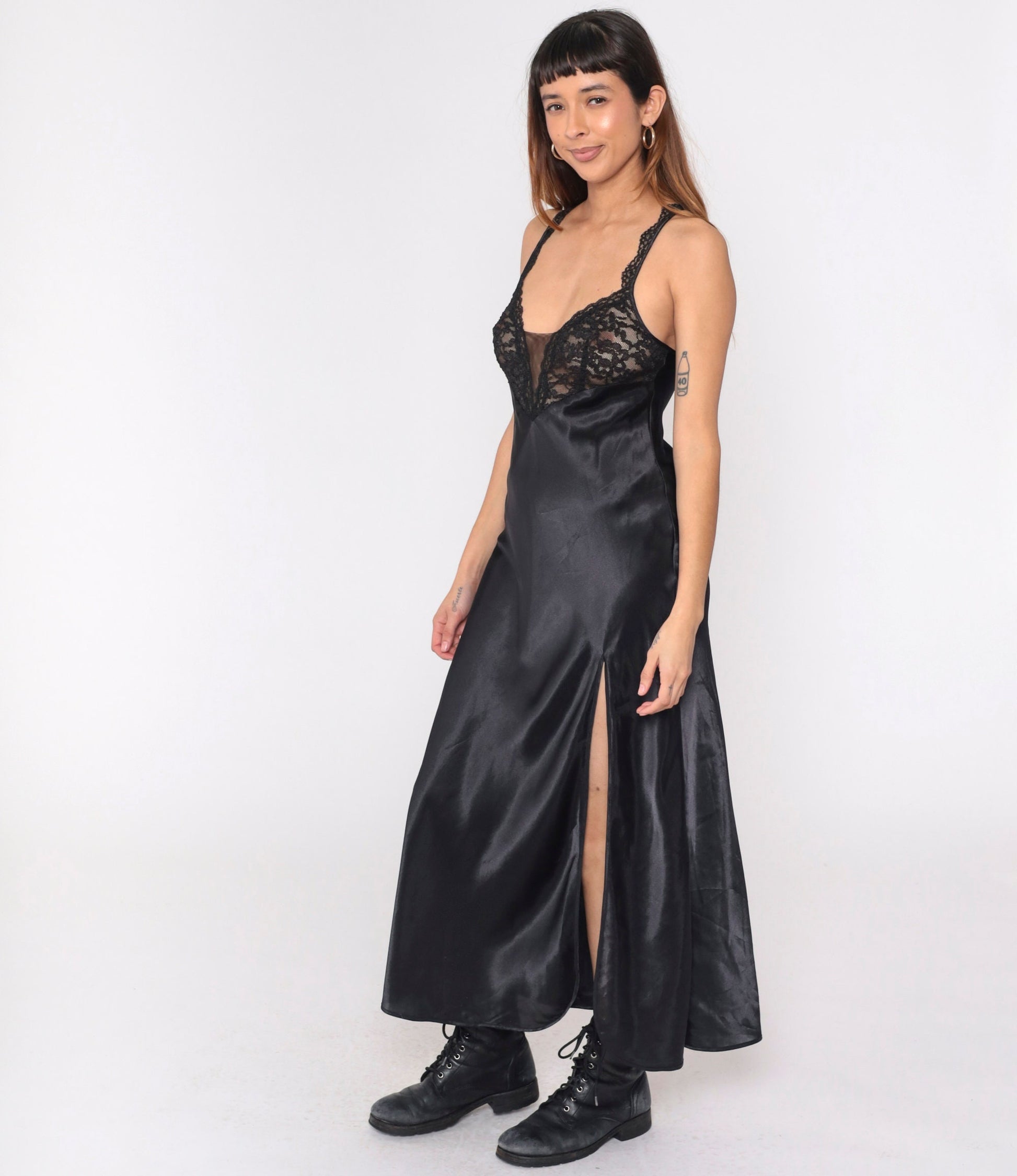 Y2K Victoria's Secret Black Satin Lace Slip Dress Maxi Deep V Sheer Small