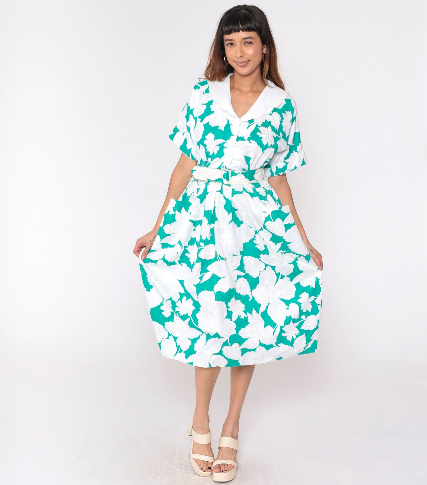 80s Leslie Fay Floral Midi Shirtdress Green White Scalloped Collar Belted Large