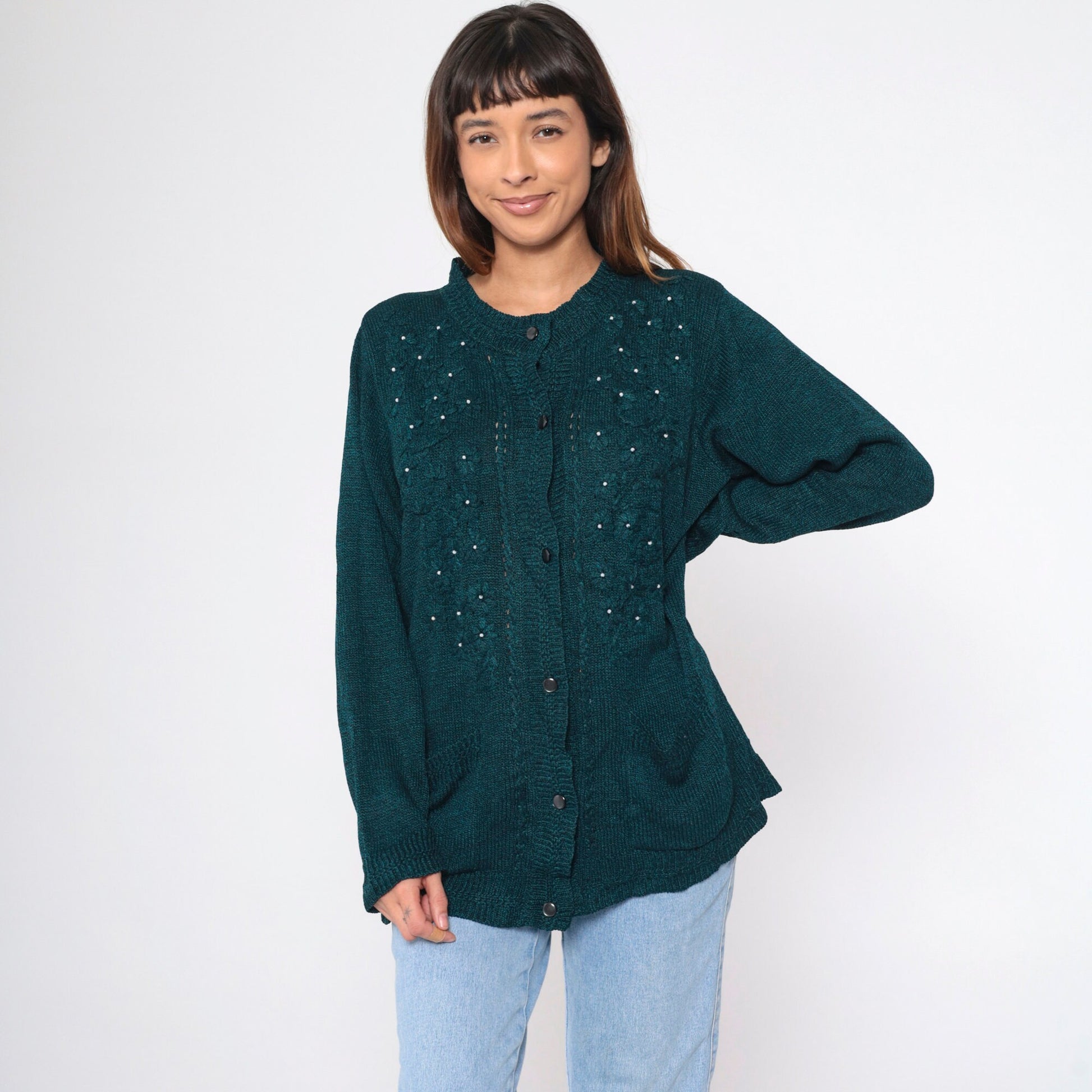 90s Beaded Floral Cardigan Blue Black Pearl Button-Up Knit Large L