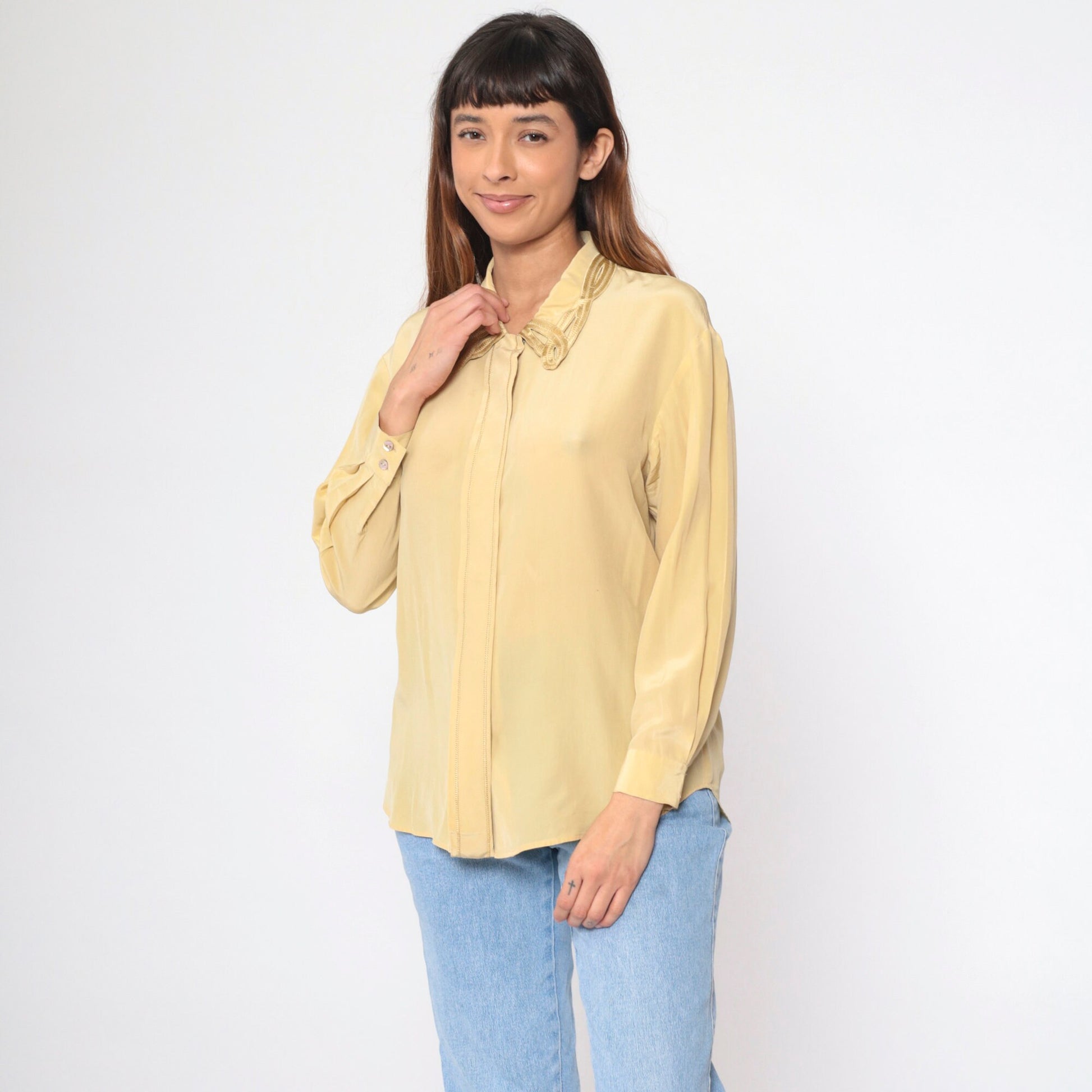 90s Rafaella Silk Cutwork Blouse Yellow Long Sleeve Hidden Button Small