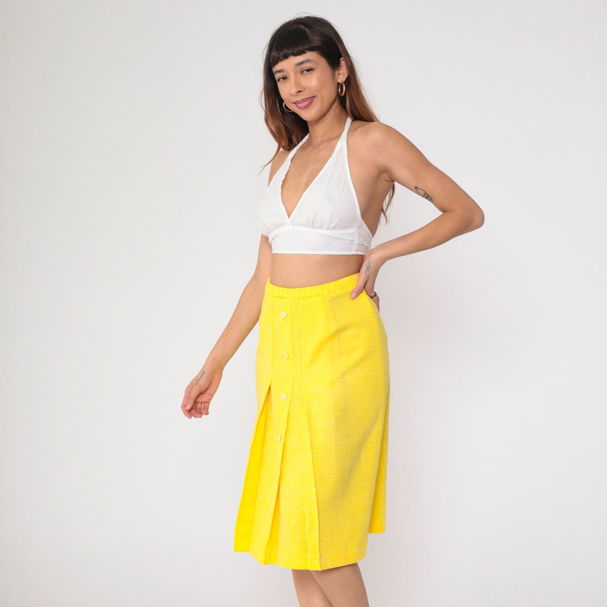 70s Yellow Midi Skirt Button Front High Waist Pleated Flecked Small