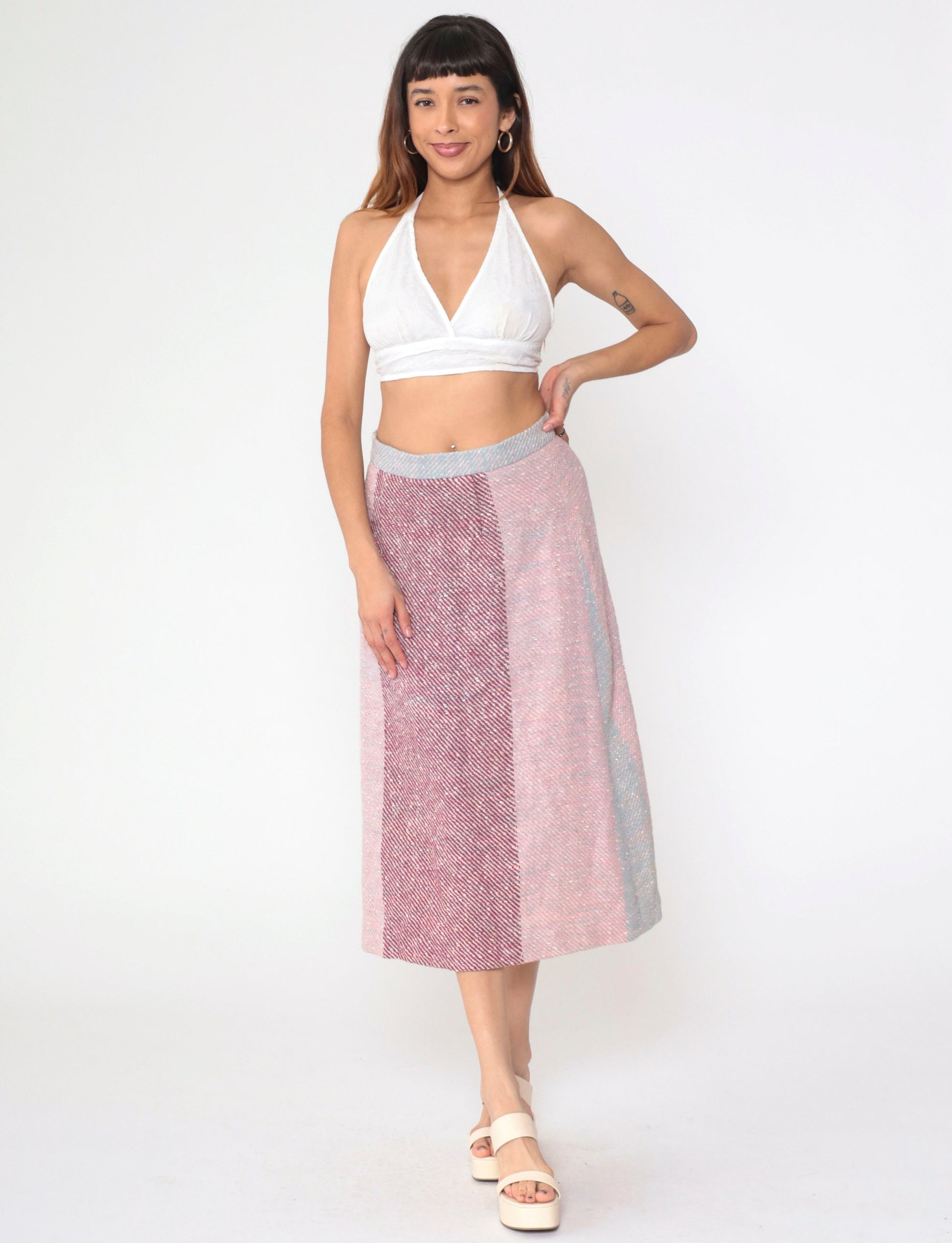 70s Striped Colour Block Midi Skirt High Waist Pink Purple Blue Medium
