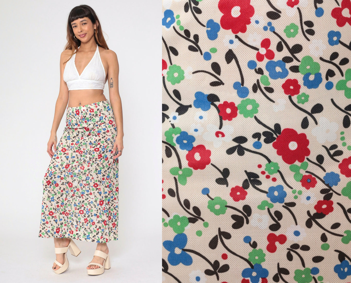 70s Floral Maxi Skirt High Waist Elastic Cream Red Green Blue Medium