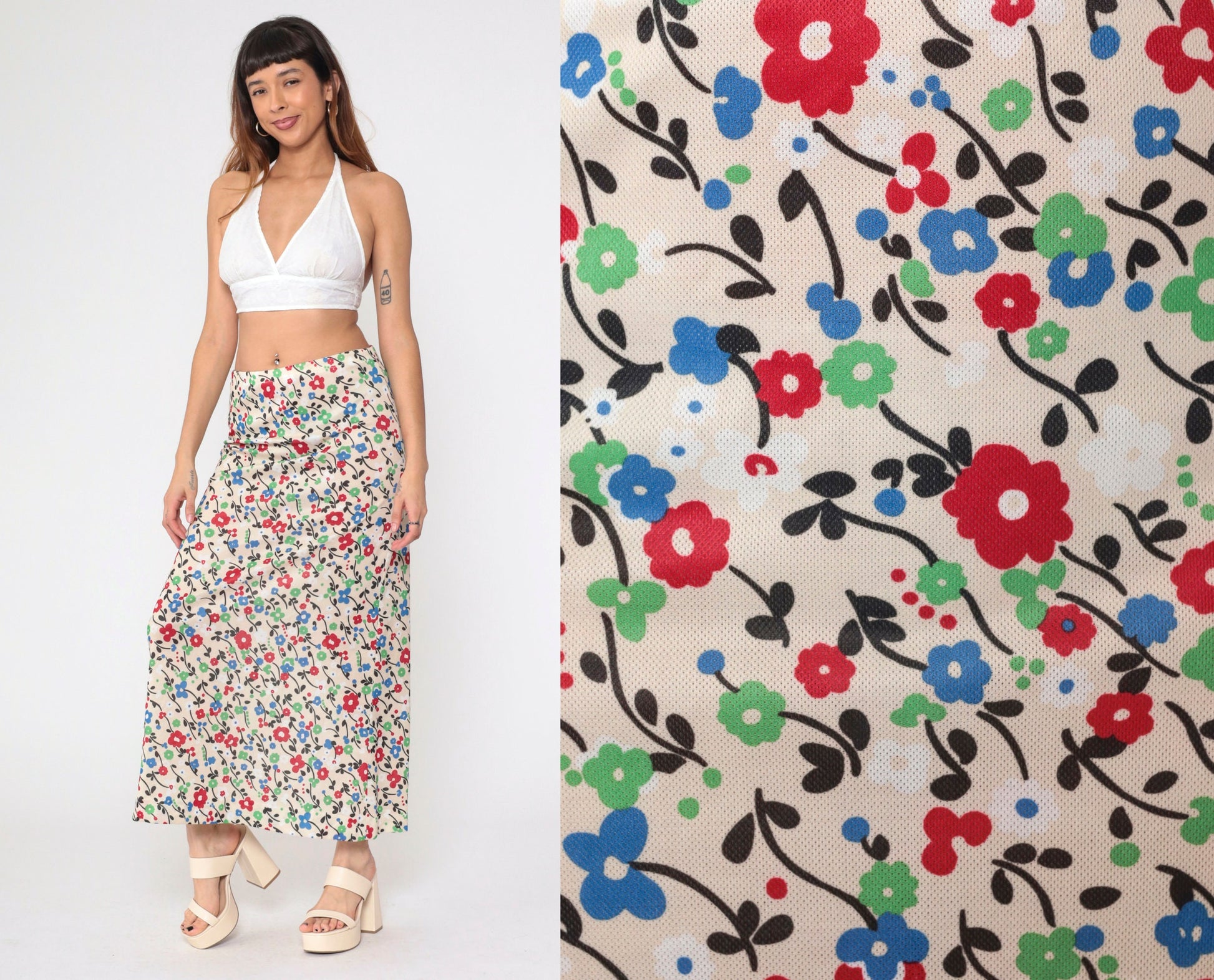 70s Floral Maxi Skirt High Waist Elastic Cream Red Green Blue Medium