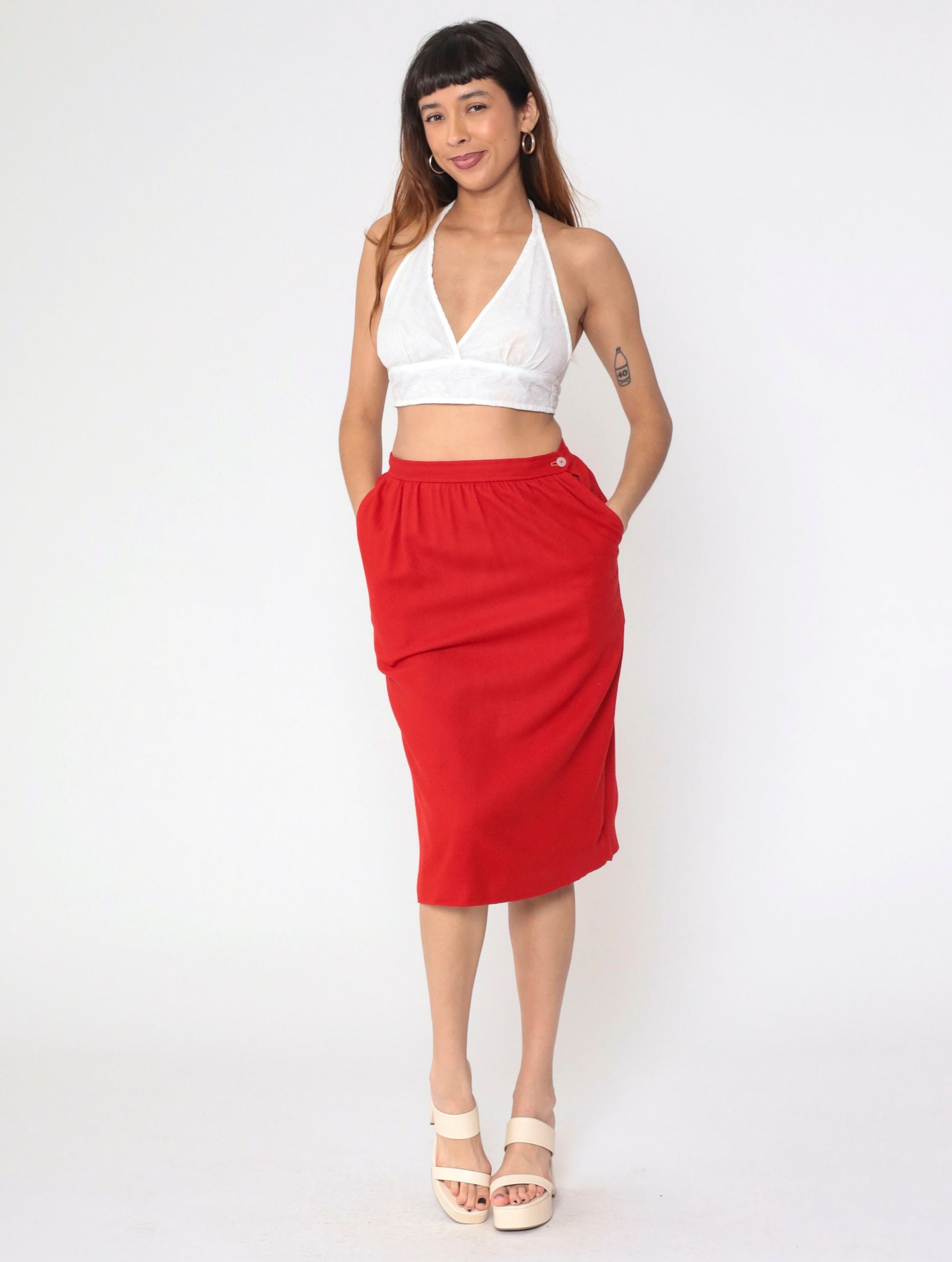 80s I. Magnin Evan Picone Red Wool Pencil Skirt High Waist Medium