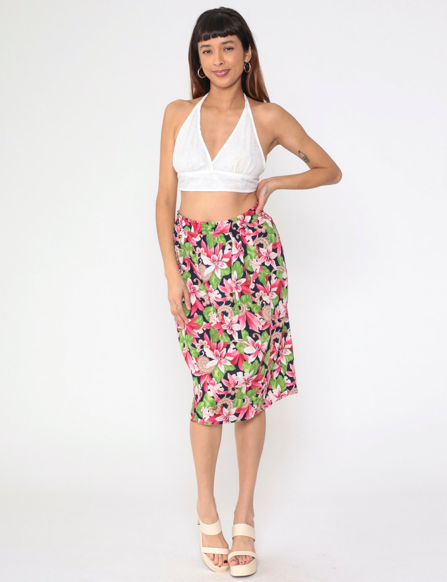 90s Evan Picone Tropical Floral Midi Skirt Navy Pleated High Waist Medium