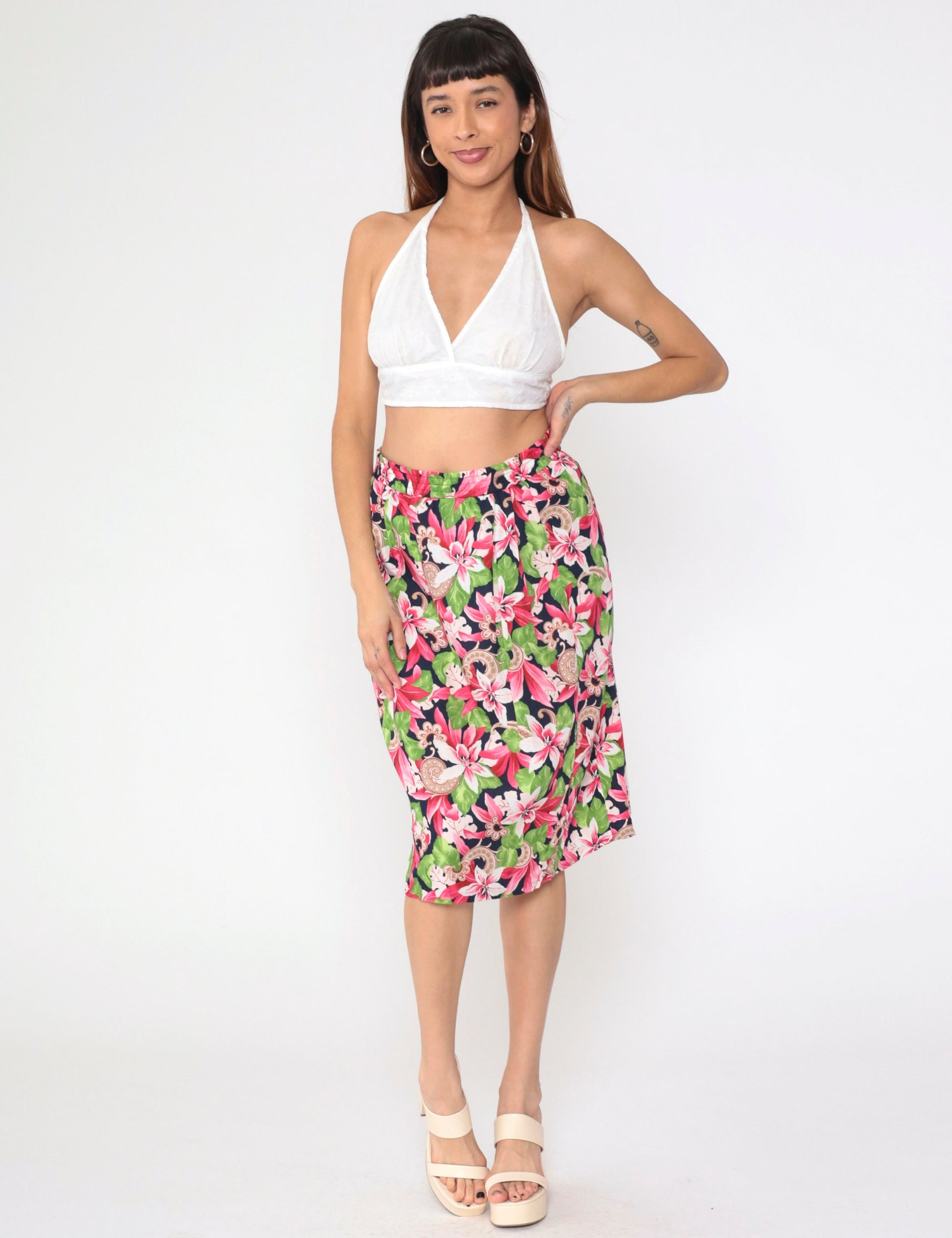 90s Evan Picone Tropical Floral Midi Skirt Navy Pleated High Waist Medium