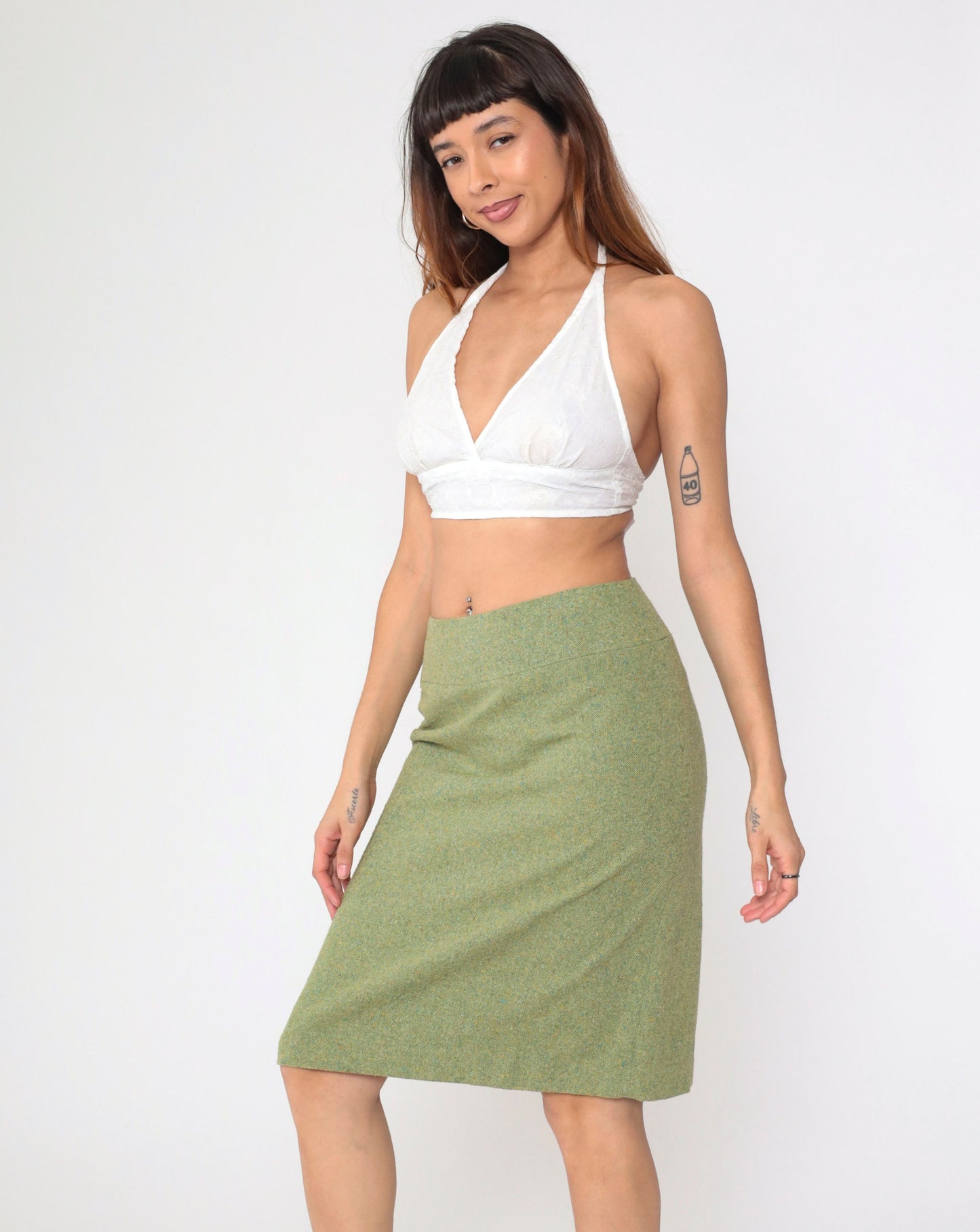 90s Ann Taylor Loft Green Wool Pencil Skirt Midi Kick Pleat Small