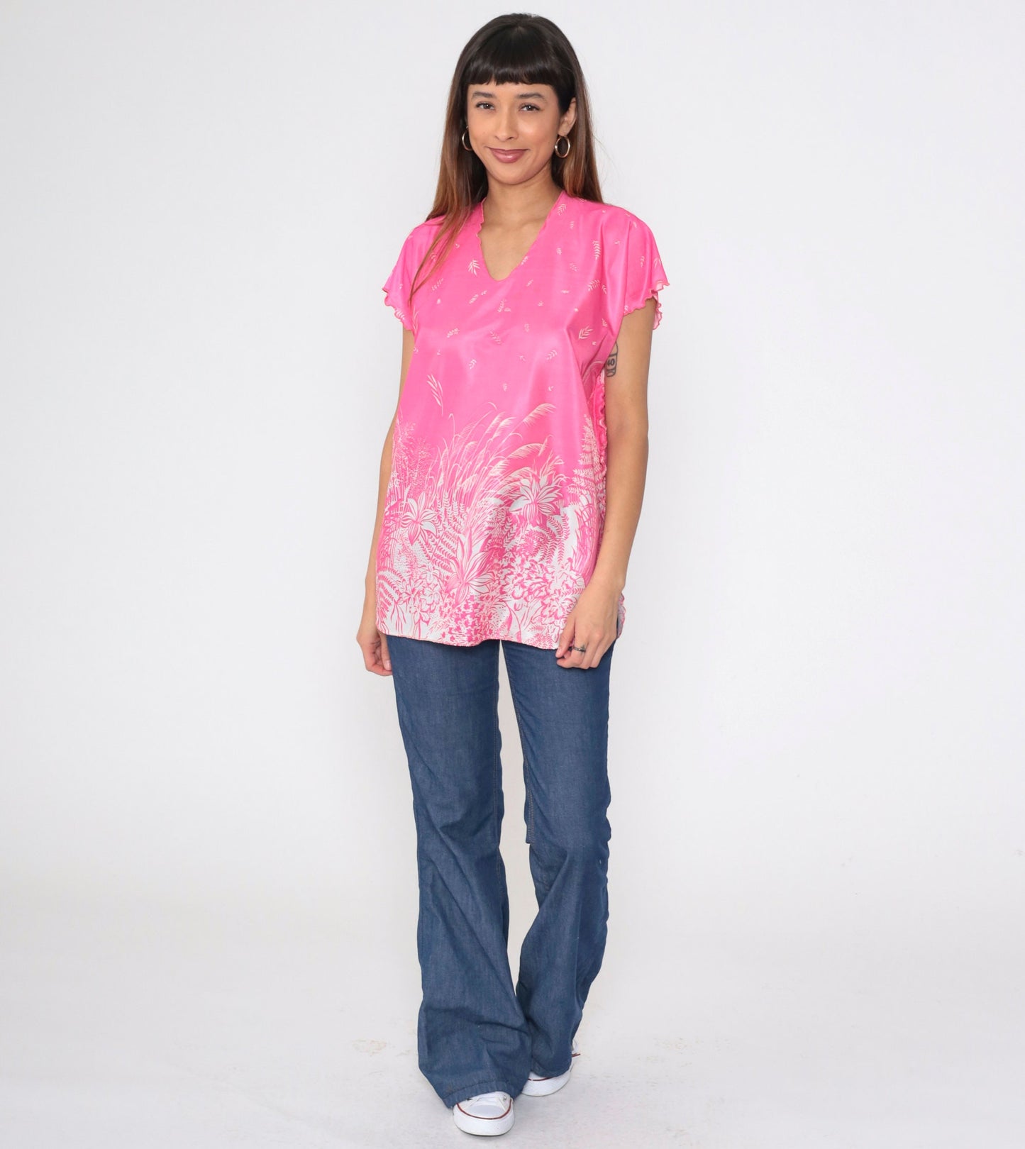 70s Pink Floral Leaf Print Blouse Flutter Sleeve V Neck Lettuce Edge Large L