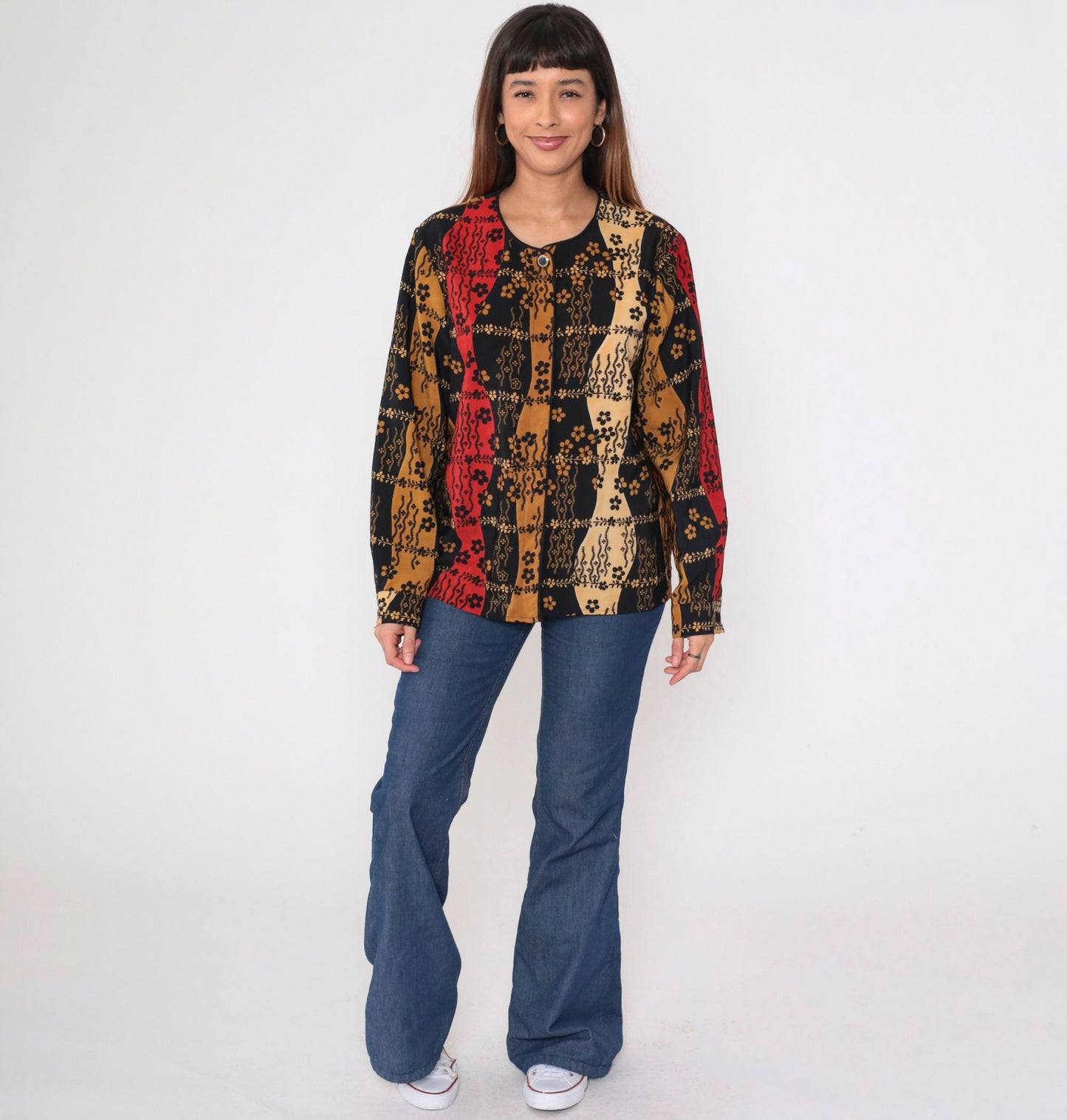 90s Jordan Floral Button-Up Blouse Hidden Buttons Long Sleeve Black Red Brown Large