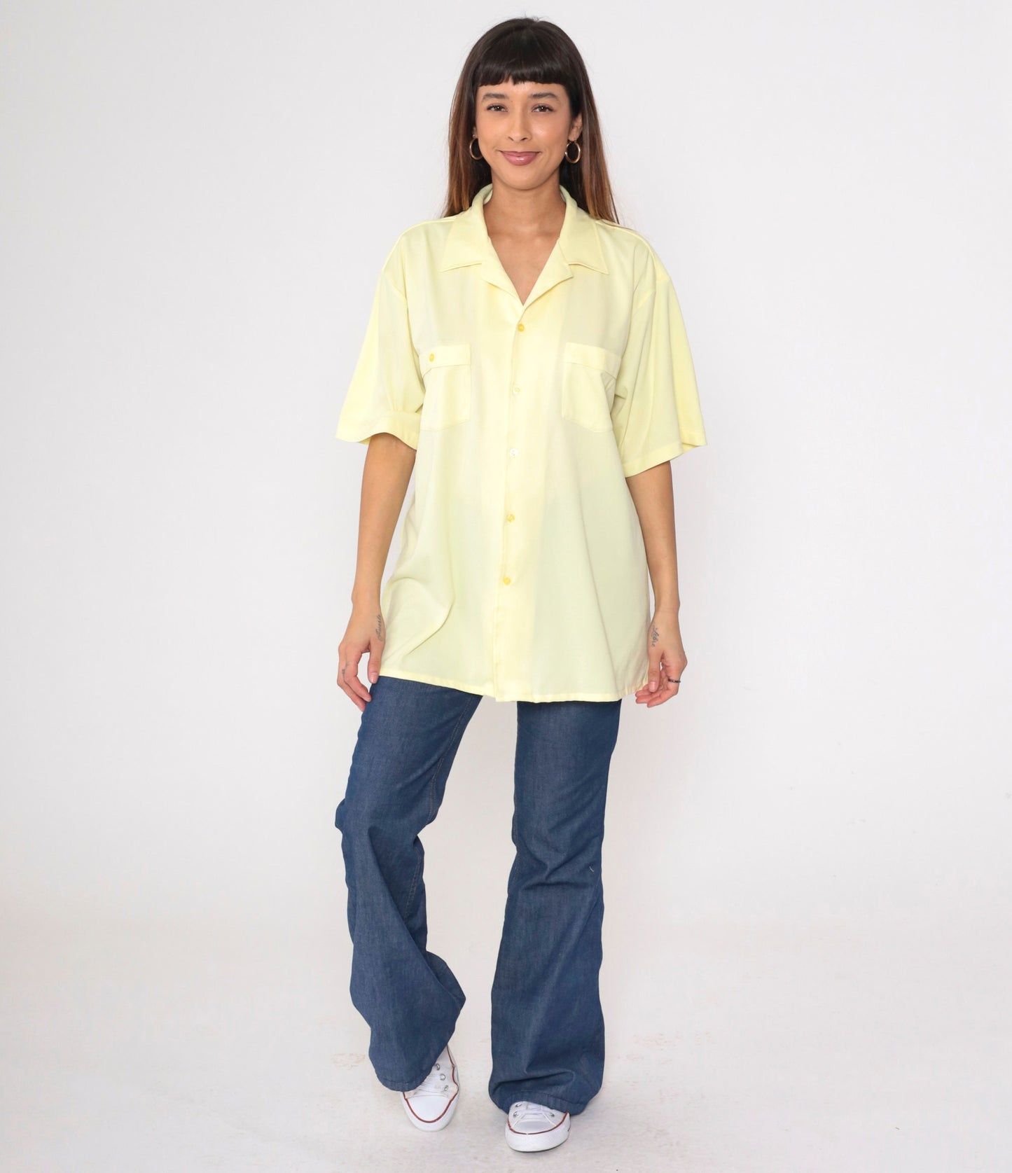 80s Yellow Button-Up Shirt Men's Extra Large Chest Pocket Short Sleeve