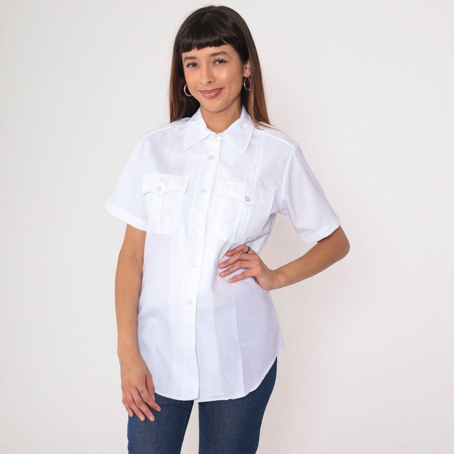 80s Flying Cross White Utility Shirt Button Up Uniform Medium