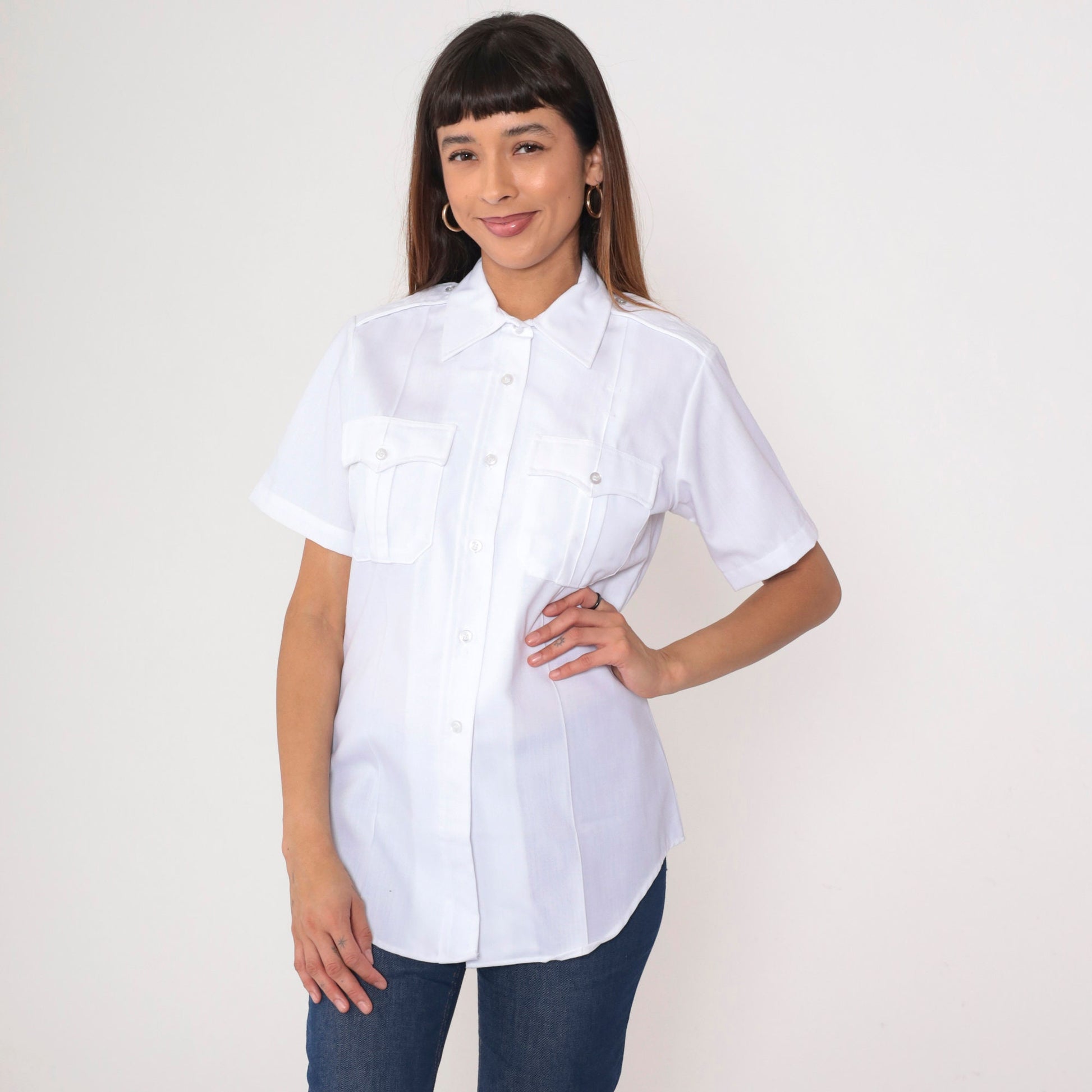 80s Flying Cross White Utility Shirt Button Up Uniform Medium