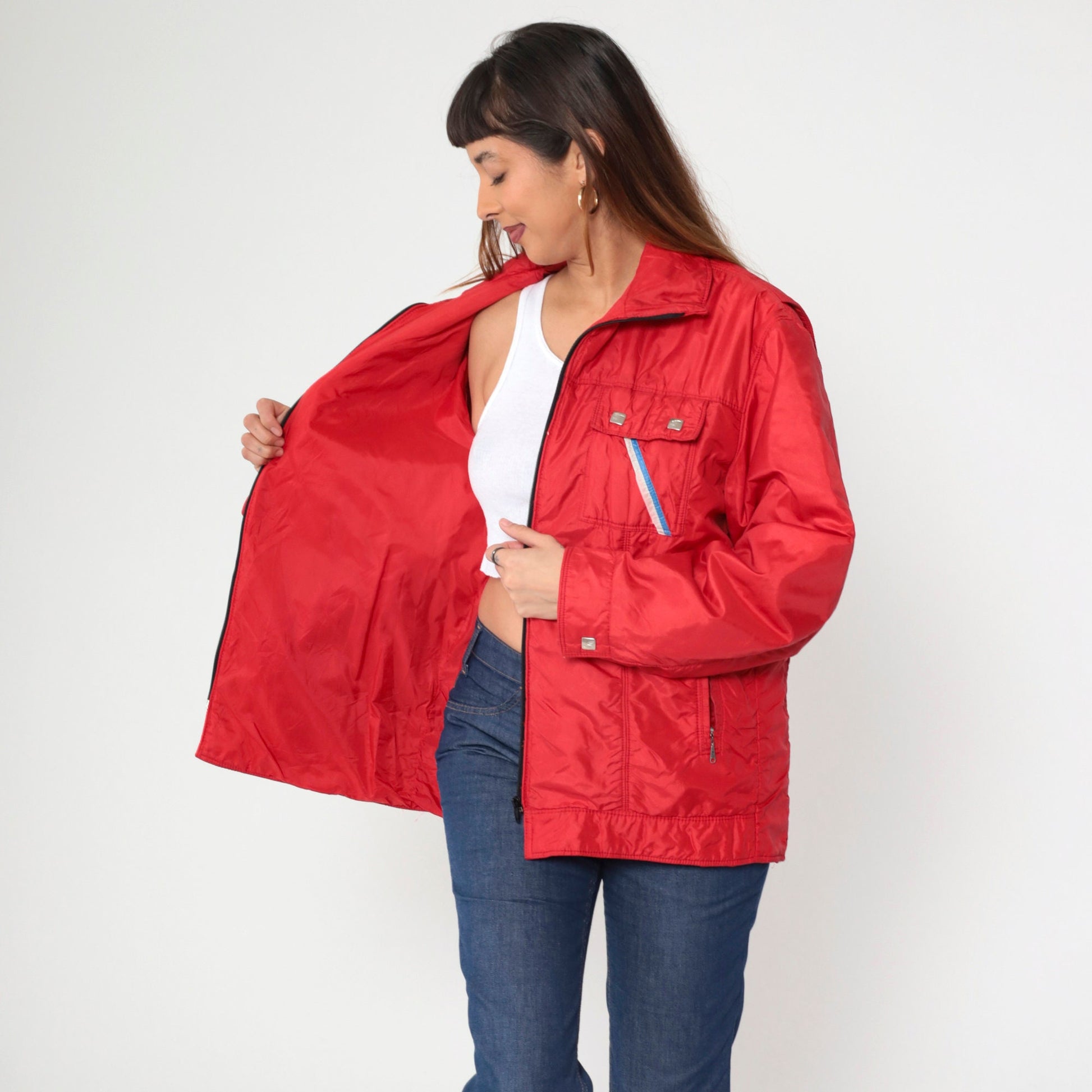 80s Red Ski Puffer Jacket Blue White Stripe Chest Pocket Nylon Large
