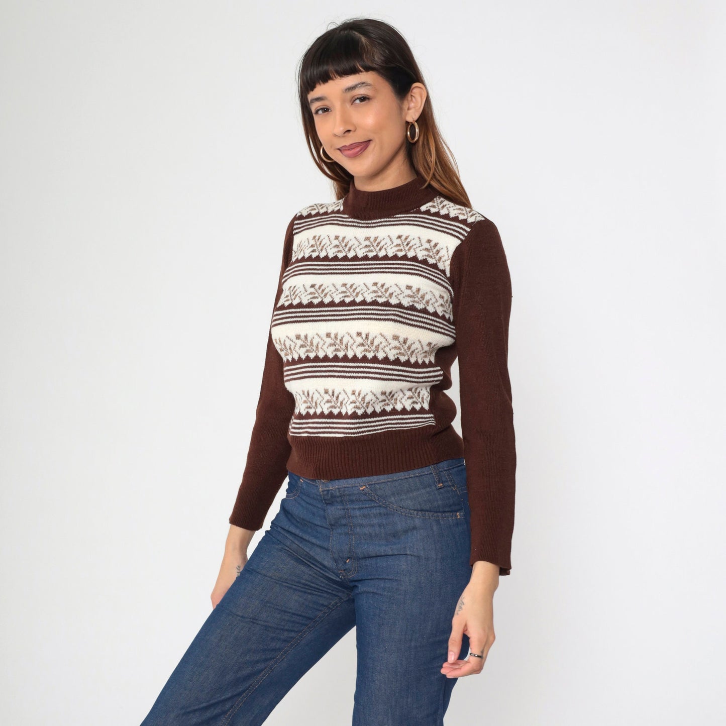 70s Leaf Print Mock Neck Sweater Brown White Striped Knit Extra Small