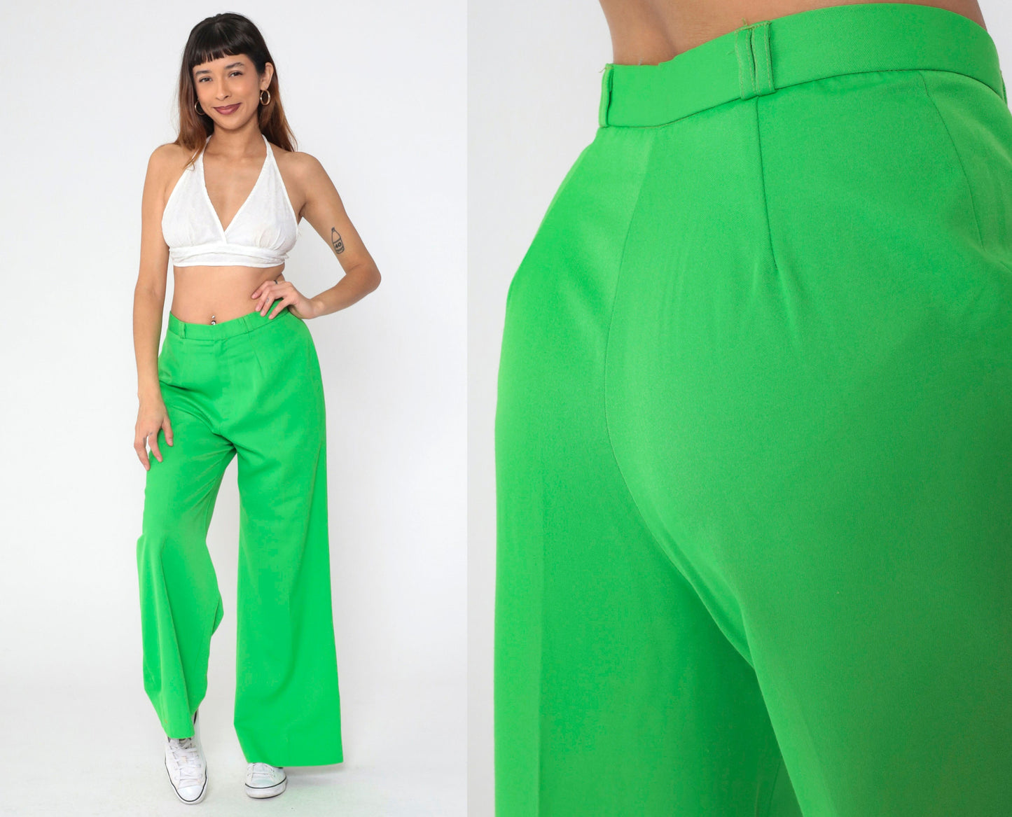 70s Bright Green Bell Bottom Pants High Waist Flared Trousers Medium