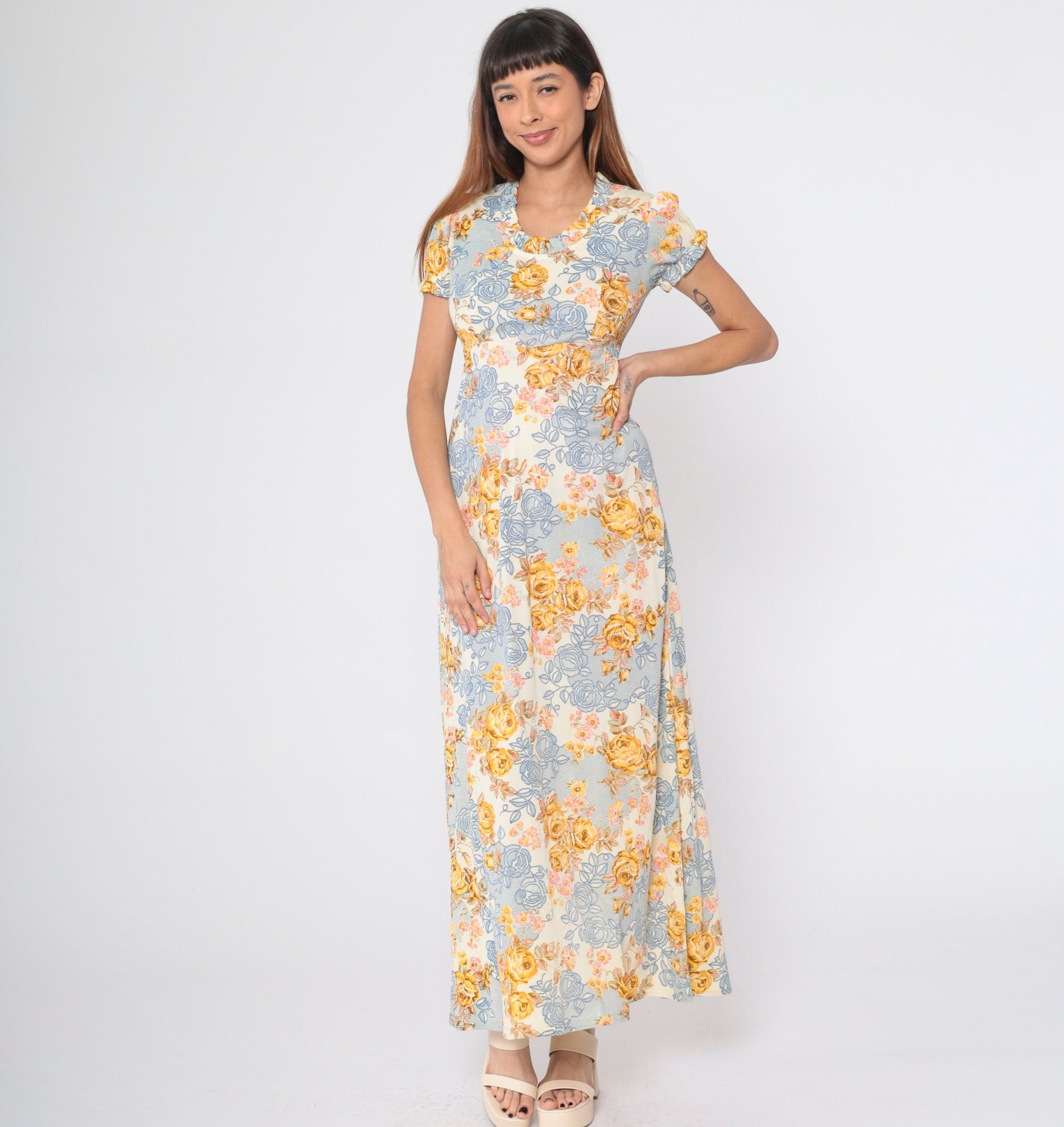 70s Floral Maxi Dress Empire Waist Puff Sleeve Cream Rose Print Small S