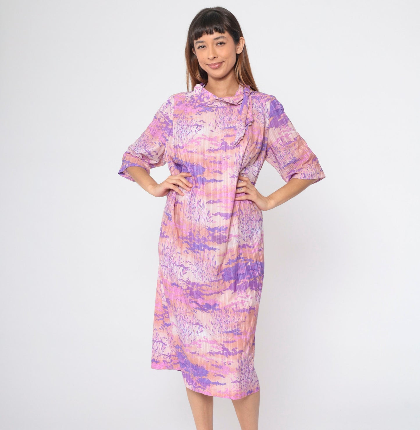 70s Psychedelic Midi Dress Abstract Tree Cloud Print Ascot Tie Short Sleeve Purple Pink Large L
