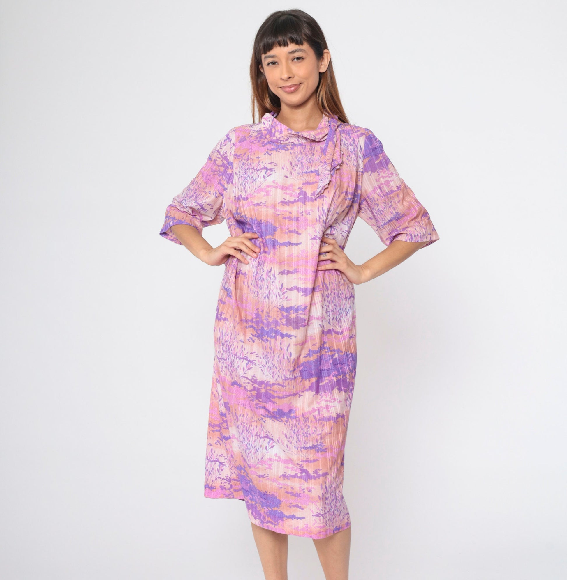 70s Psychedelic Midi Dress Abstract Tree Cloud Print Ascot Tie Short Sleeve Purple Pink Large L