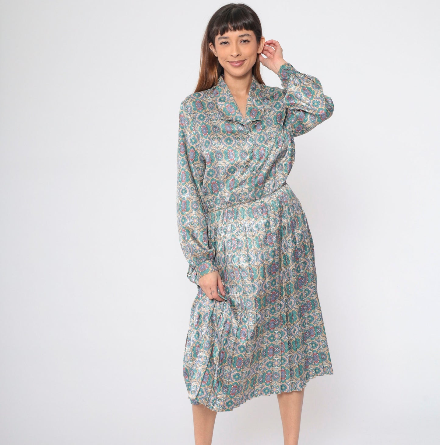 80s Shirtwaist Midi Dress Floral Mandala Print High Waisted Pleated Medium