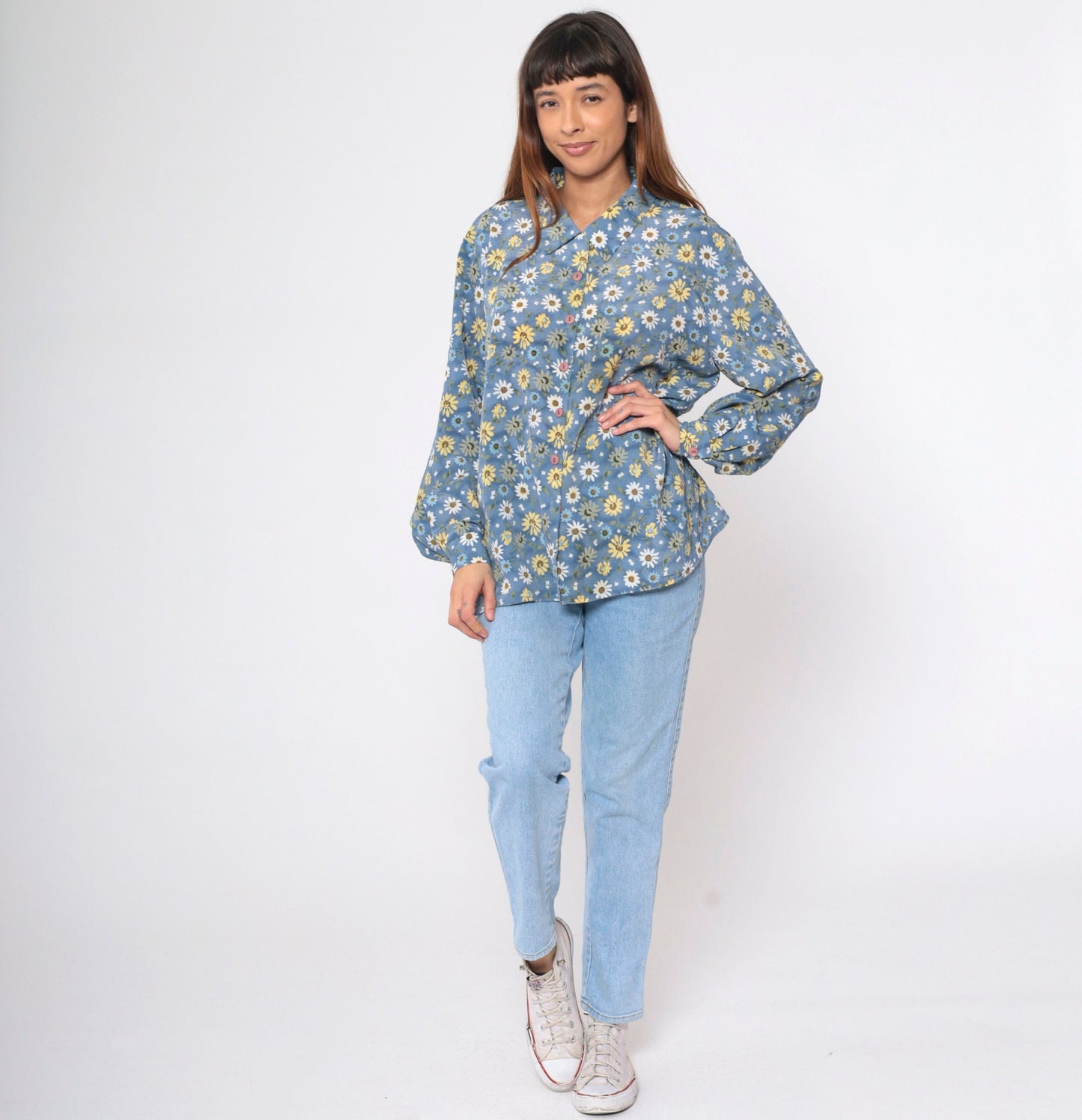 90s Blue Floral Button-Up Blouse Long Sleeve Collared Shirt Extra Large XL