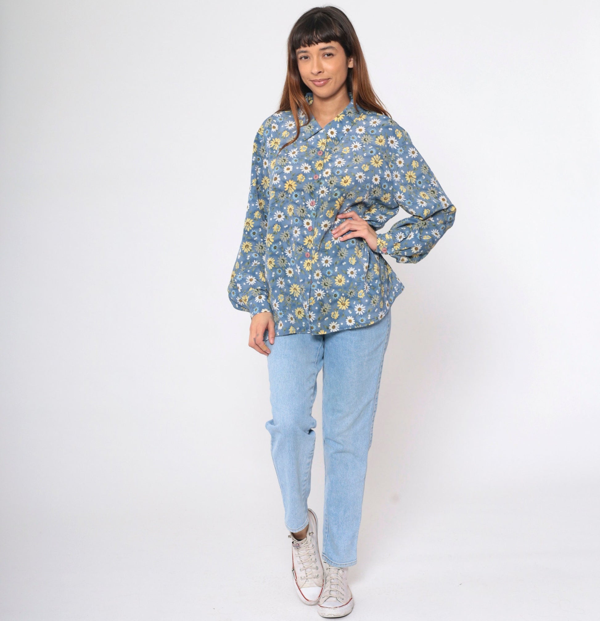 90s Blue Floral Button-Up Blouse Long Sleeve Collared Shirt Extra Large XL
