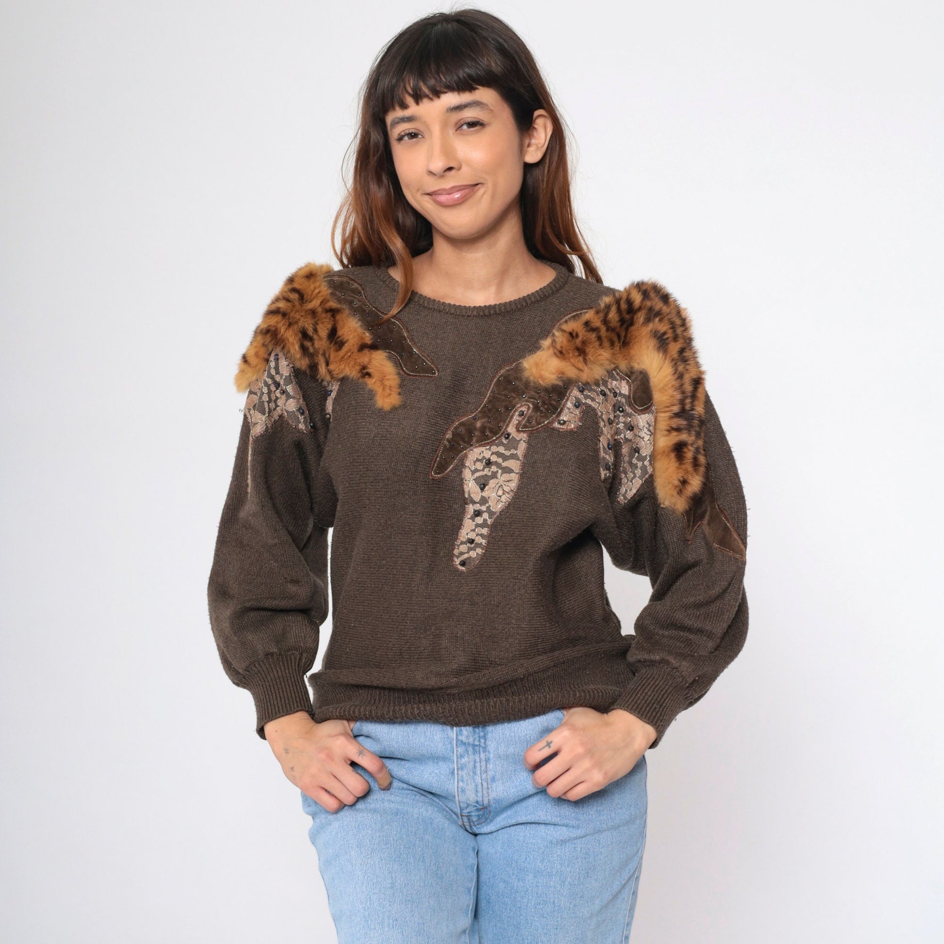 80s Brown Beaded Faux Fur Knit Sweater Dolman Sleeve Crewneck Medium