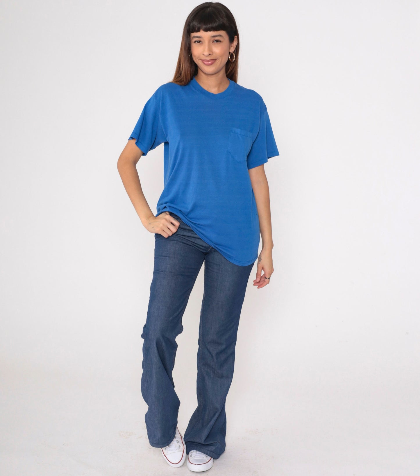 80s Blue Striped Pocket T-Shirt Cotton Blend Crewneck Medium