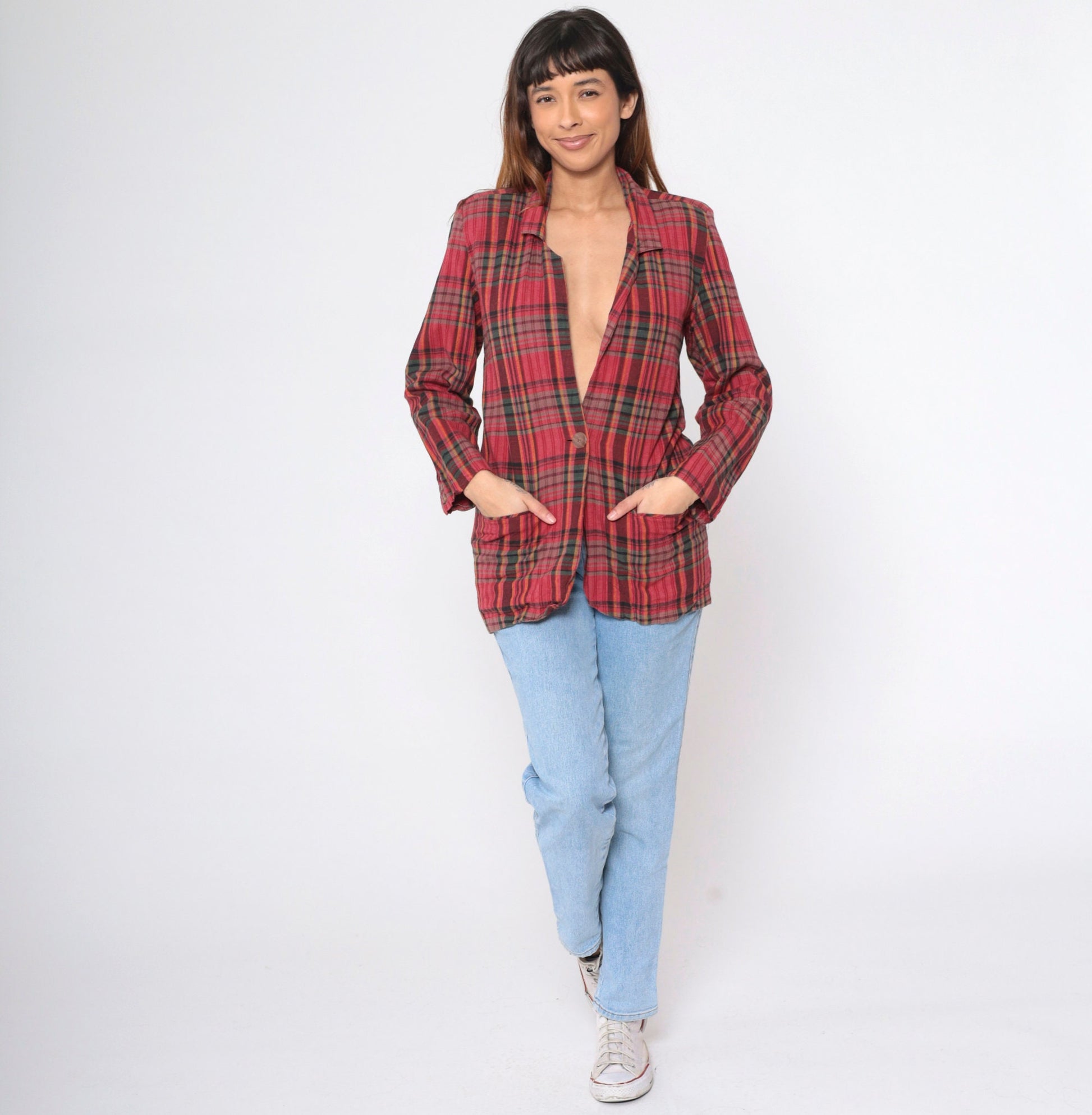 90s Red Plaid Cotton Blazer Deep V Neck Button Up Small
