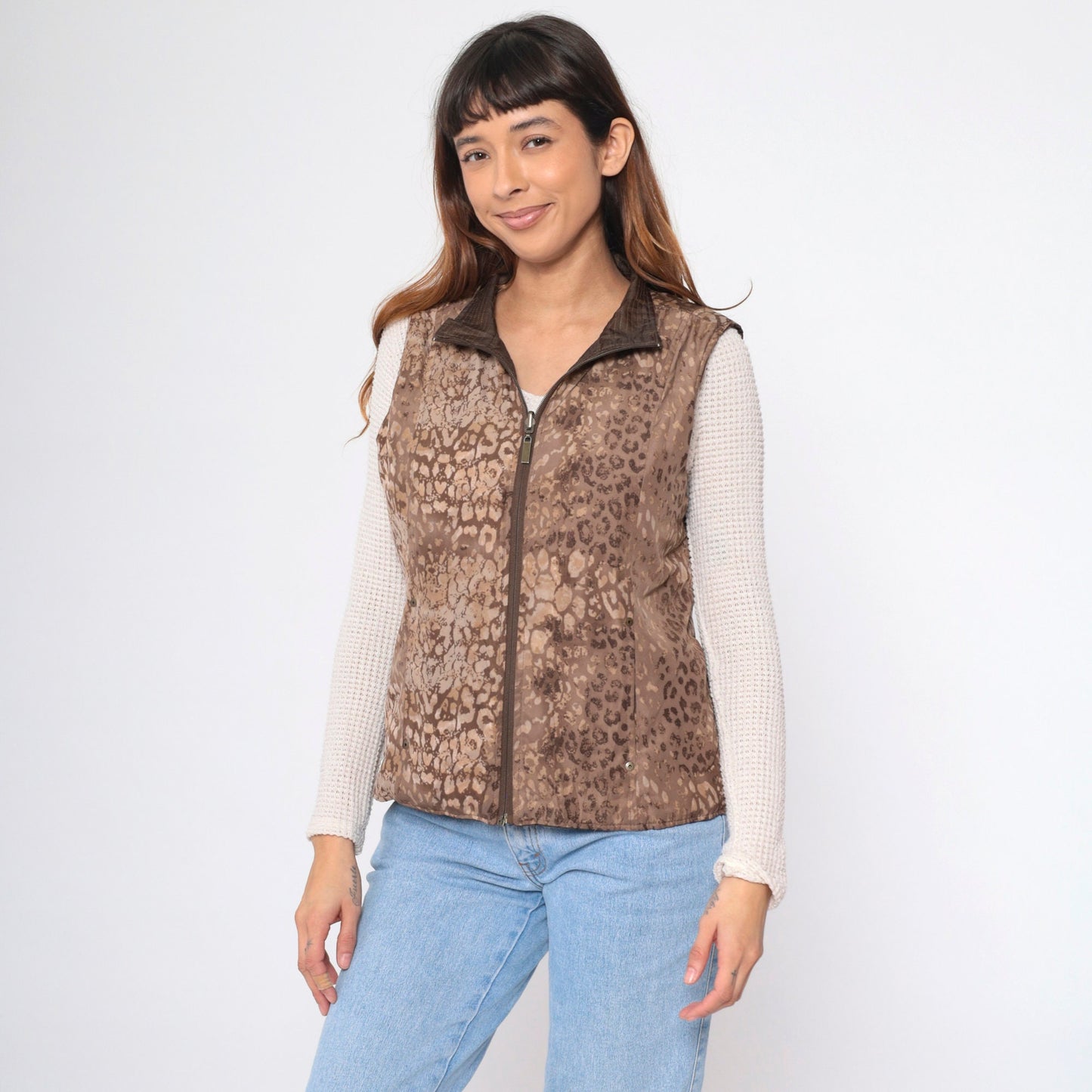 90s Leopard & Brown Reversible Quilted Vest Zip-Up Small