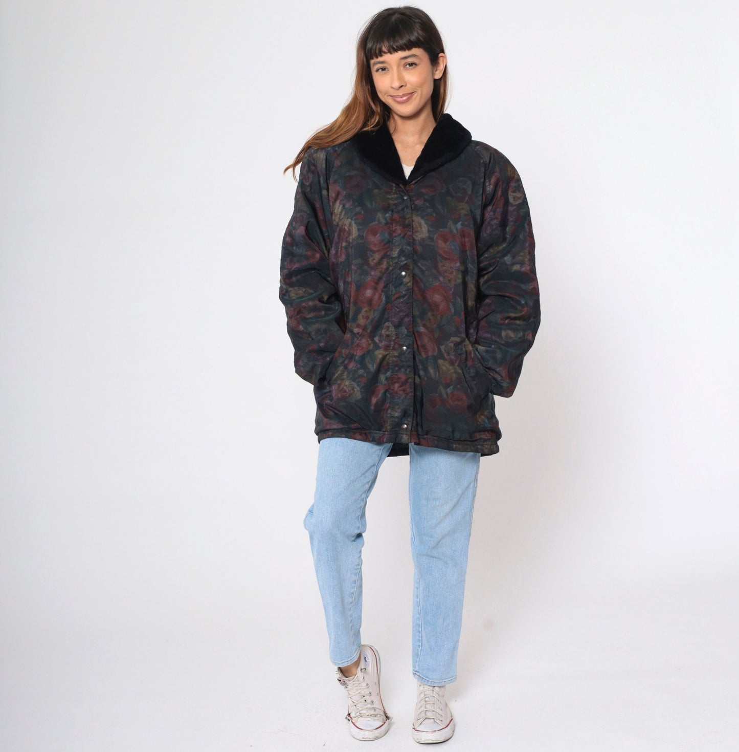 90s Aeros Puffer Jacket Floral Print Faux Fur Collar Windbreaker Large L